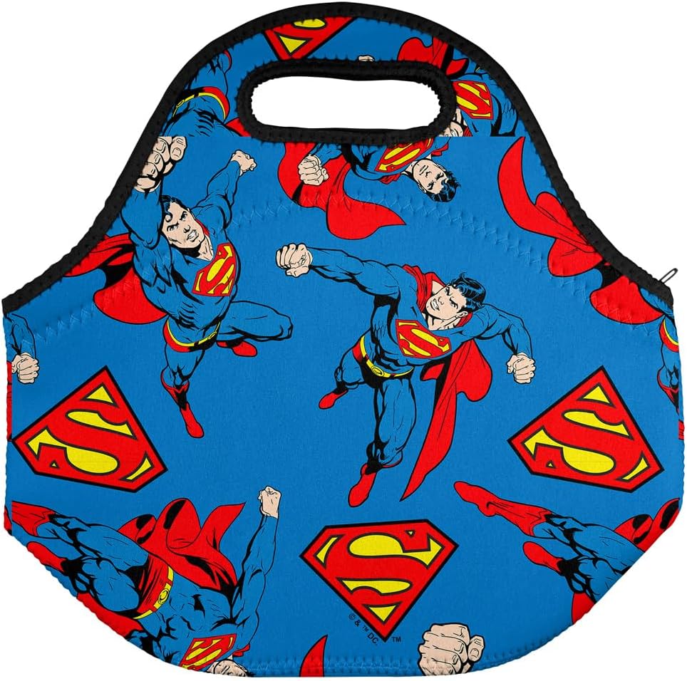 Popfunk Superman Flying Repeat Pattern Soft Neoprene Lunch Bag, Lightweight, Insulated, Reusable for School, Work, Office, OS