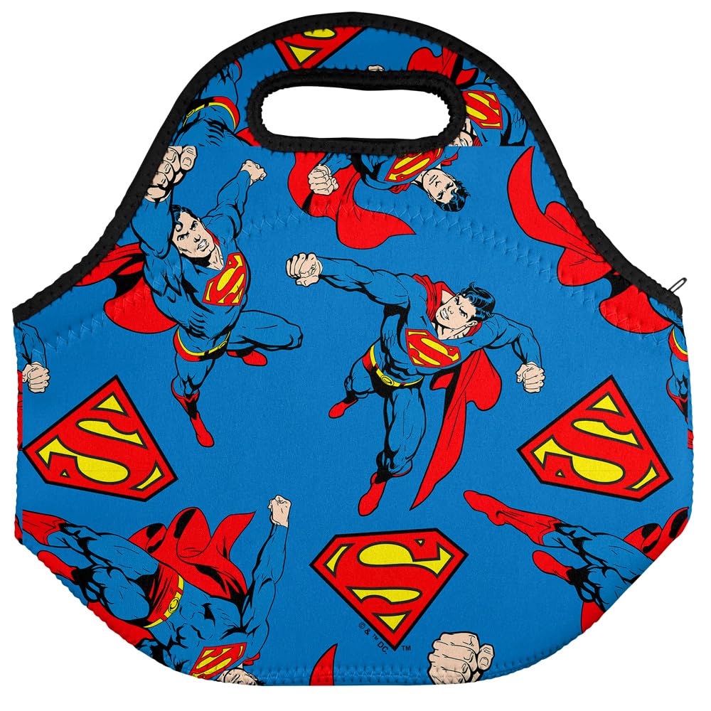 PopfunkPopfunk Superman Flying Repeat Pattern Soft Neoprene Lunch Bag, Lightweight, Insulated, Reusable for School, Work, Office, OS