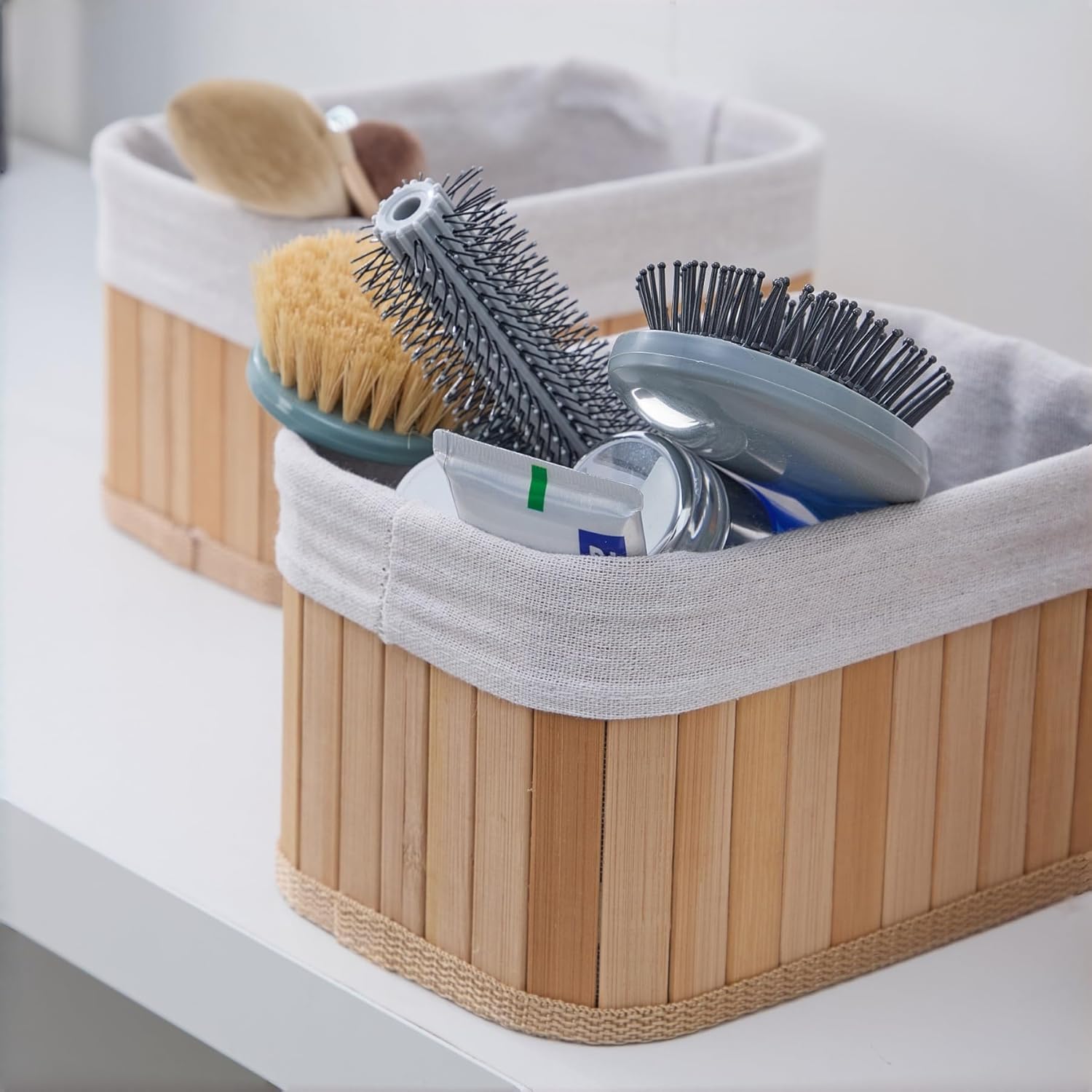 Pwryon Deosur 4-Pack Bamboo Storage Baskets with Removable Washable Liners – Natural Woven Organizers for Closet, Bathroom, Bedroom & Pantry