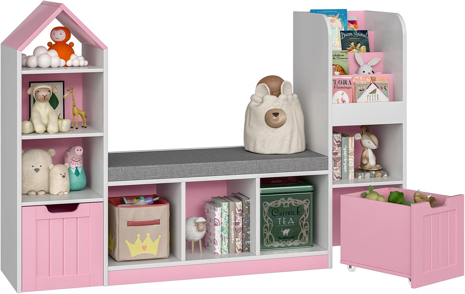 Kids Bookcase and Bookshelf with Reading Nook, Pink, Modern, 3 Shelves, Toy Storage Organizer for Kids Room, Playroom, Bedroom