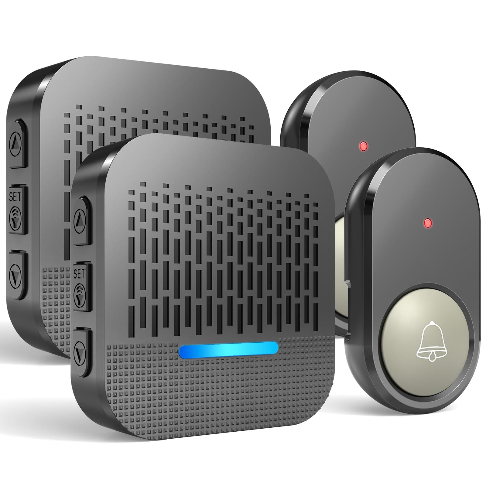 SURFOU Sonnette Sans Fil Exterieur Etanche Carillon Sonnette avec Batterie 300m Distance 2 Émetteur Extérieur et 2 Récepteur Intérieur 55 Sonneries Incluant Noël 5 Volumes au LED Bleu, Noir