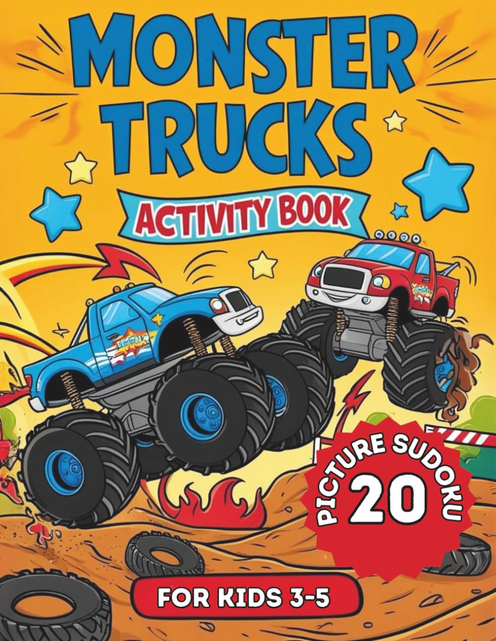 Monster truck activity book for kids 3-5.: Coloring book, math puzzles, I spy and pictures sudoku for beginers 4x4 with solutions.