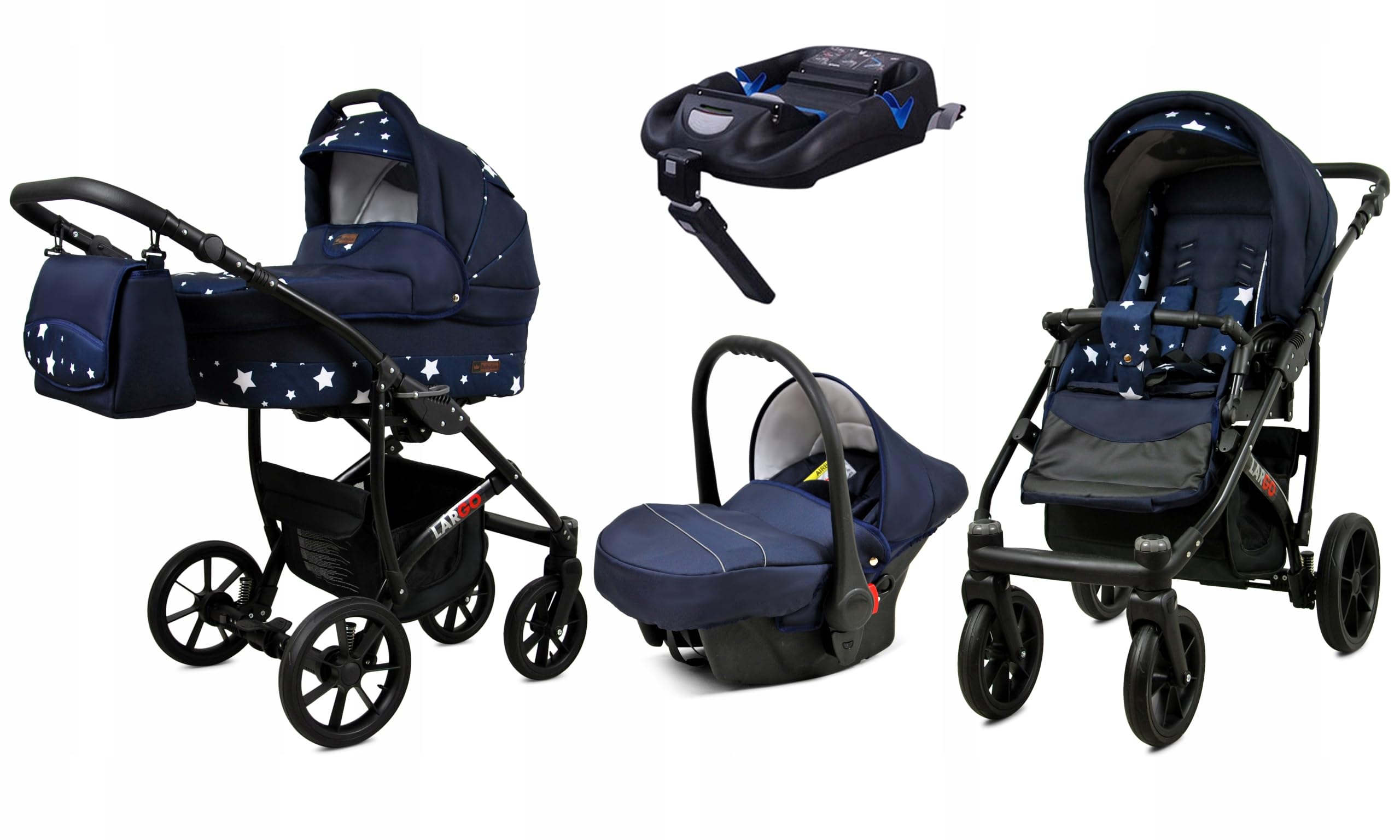 BabyLux® Zestaw wózków dziecięcych 4 w 1 – Largo – w zestawie wanienka dla niemowląt, fotelik sportowy, fotelik samochodowy, stacja bazowa ISOFIX – fotelik samochodowy – zestaw wózków dziecięcych