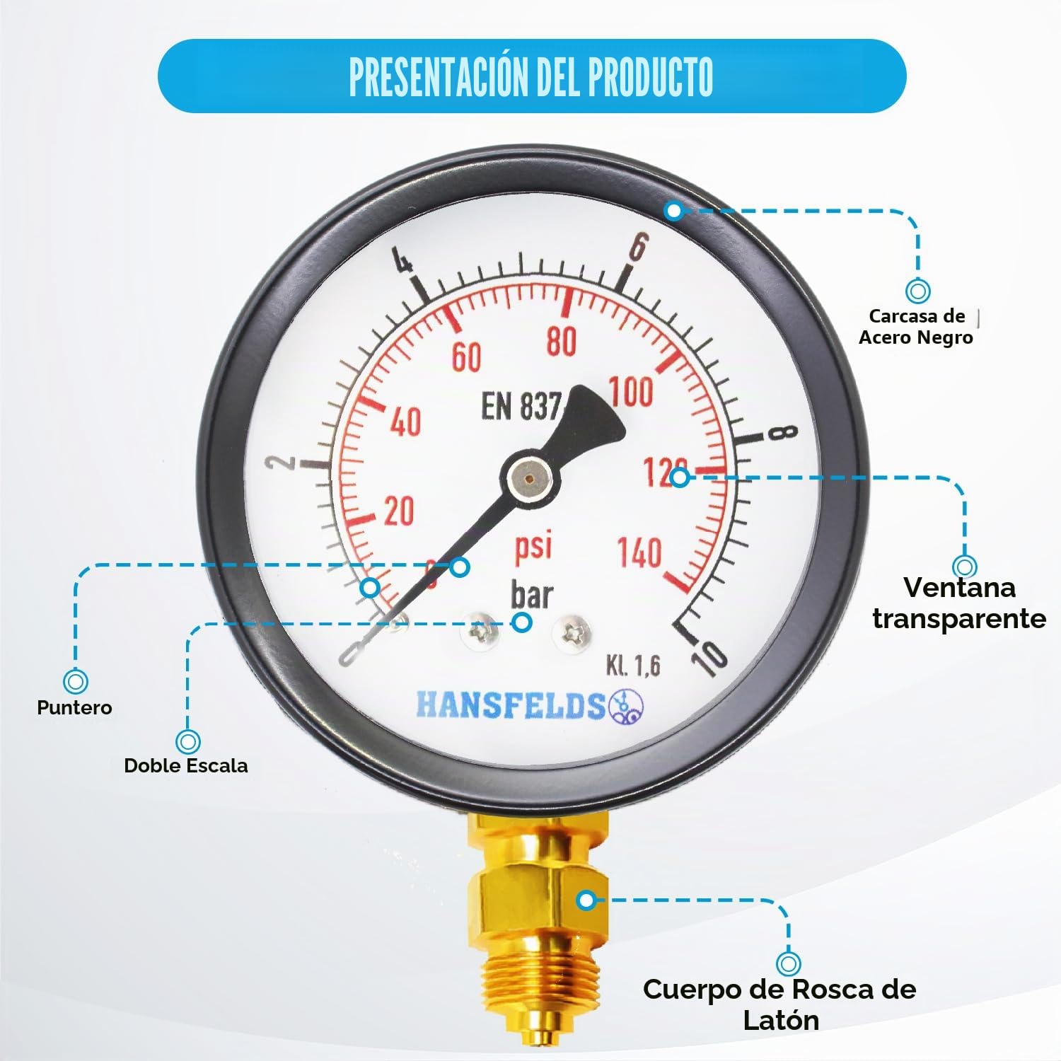 Manómetro de presión Hansfelds 0-10 bar doble escala bar/psi conexión inferior BSP latón vidrio