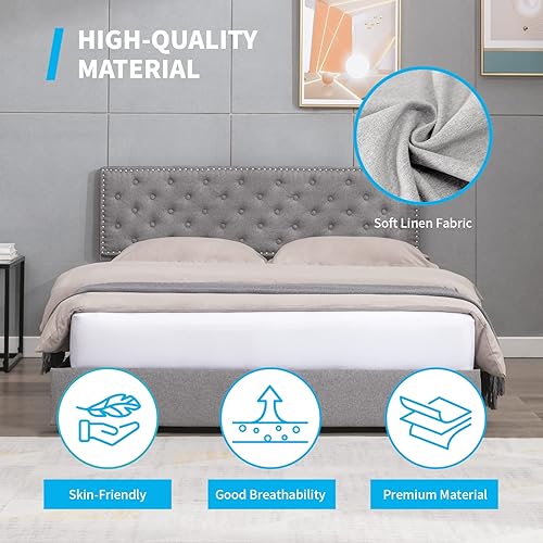 Miniatura 5 de Mjkone Base de cama de tamaño matrimonial con 4 cajones de almacenamiento, plataforma tapizada con cabecera ajustable y tela de lino de algodón,