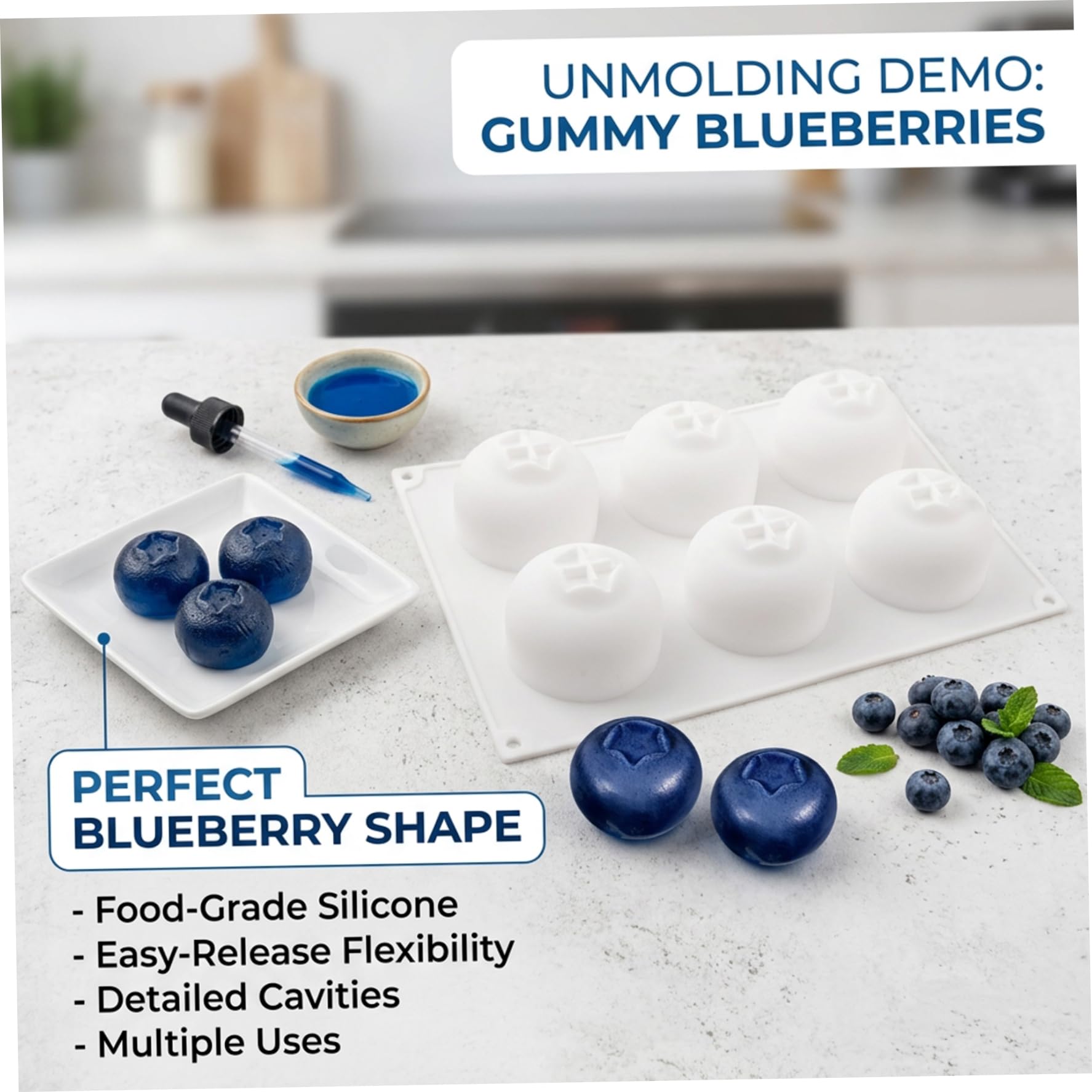 Stampi per snack alla frutta - Stampi per torta realistici con mousse ai mirtilli a 6 cavità, stampo in silicone alimentare a rilascio facile per snack, dessert, bianco, torta mousse, silicone alla f