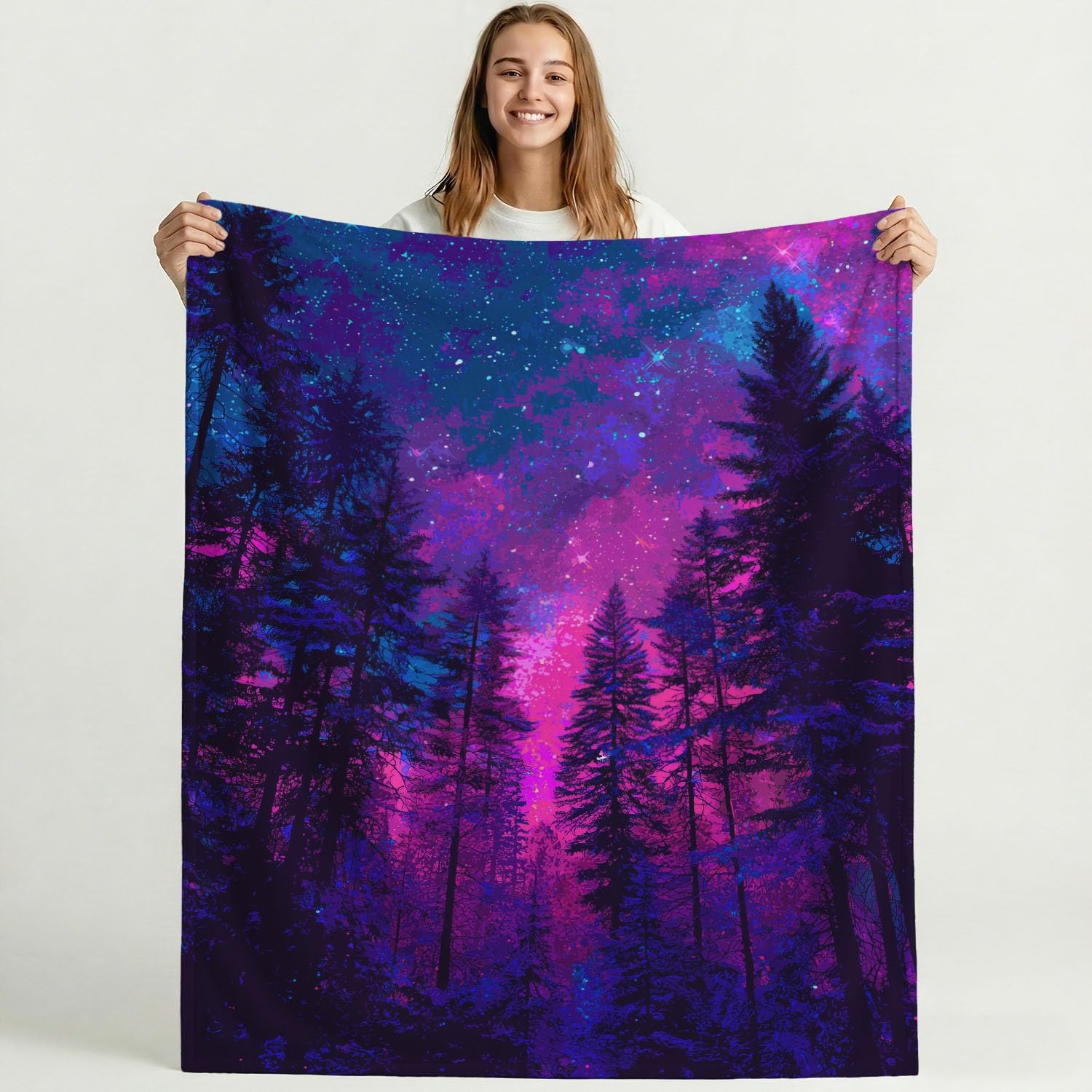 Generisch Koc polarowy, liliowy, czarny, fantazyjny, tajemniczy las, gwiaździste niebo, 150 x 200 cm, koc na kanapę, puszysty koc z mikrofibry, narzuta na łóżko, sofę
