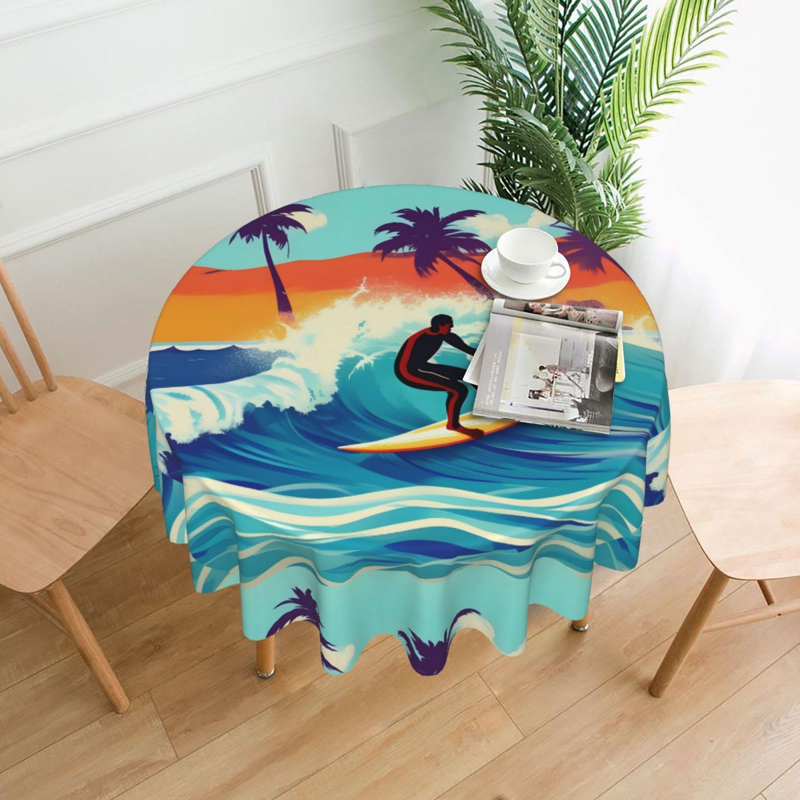 Nbtghga Hawaiian Surfer On Wavy Print Tablecloth Round Border Table Cloth Cover Decorative For Party Holiday Dinning Tabletop Home