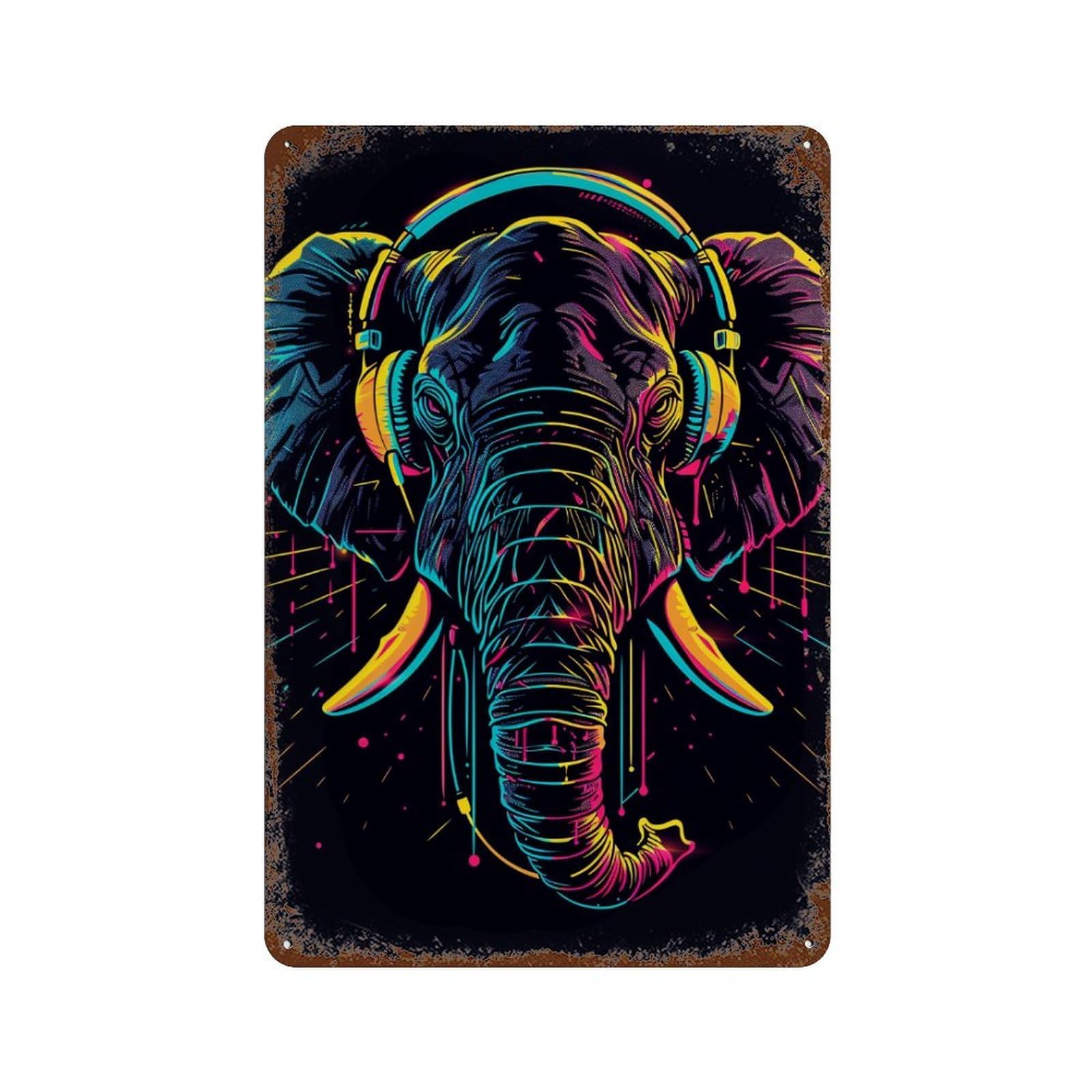 Neon Elephant Headphones Art Print 11.8"x7.9" Decorative Tin Sign, Farmhouse Wall Decor for Farmhouse, Kitchen And Entryway Decor