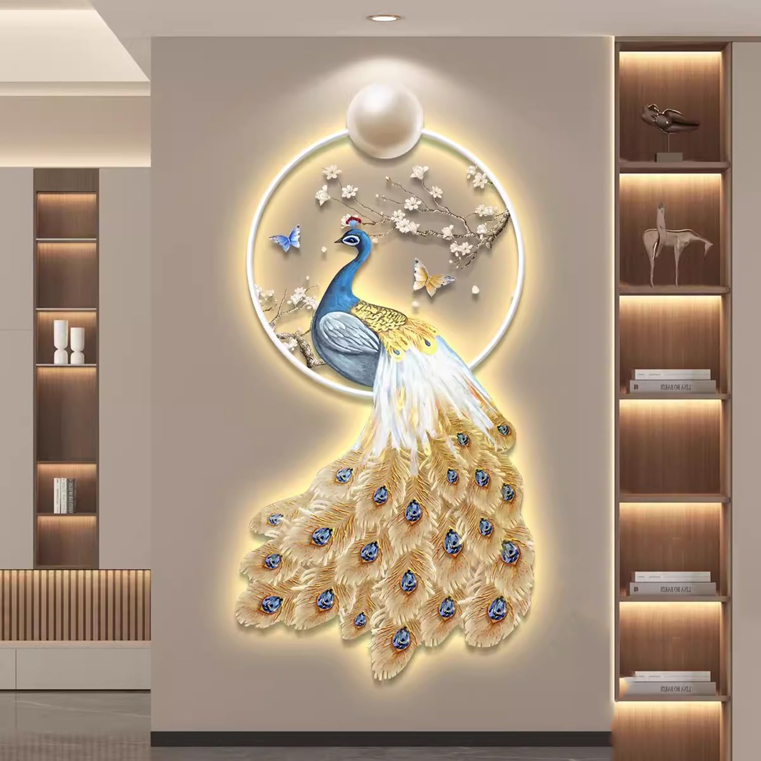Décoration murale 3D paon LED pour illuminer une entrée moderne ou un salon