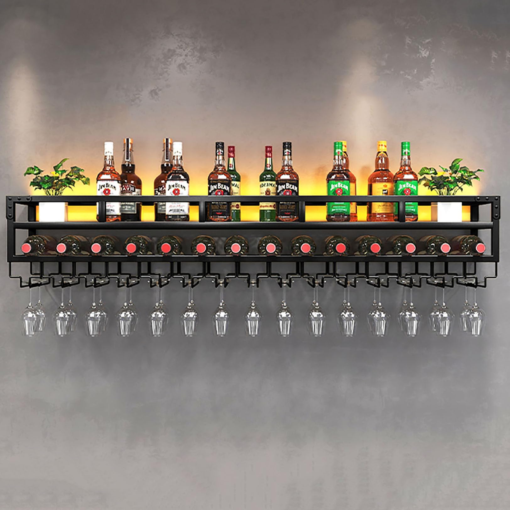 Porte-bouteilles de vin mural métal 2 couches avec support verre cuisine