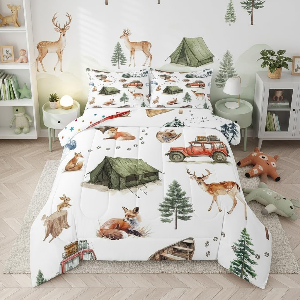 Erosebridal Wild Animal Kids Comforter Set Full Size,Happy Camping Bedding Set for Teens Child Fox Deer Wildlife Comforter Woodland Animals Quilt Camper Car Duvet Insert Western Cowboy Decor