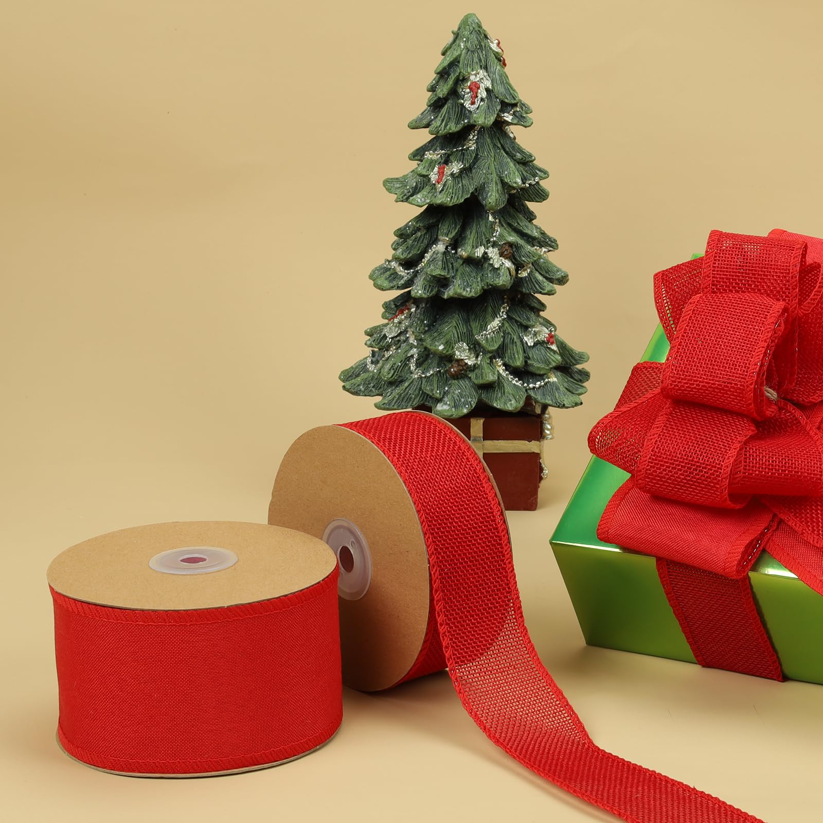 LaRibbons Rotes Leinenband, 6,4 cm x 12 m, Juteband mit Drahtrand, für Kränze, Schleifen, Basteln, Geschenk, Weihnachtsbaumdekoration, Heimdekoration