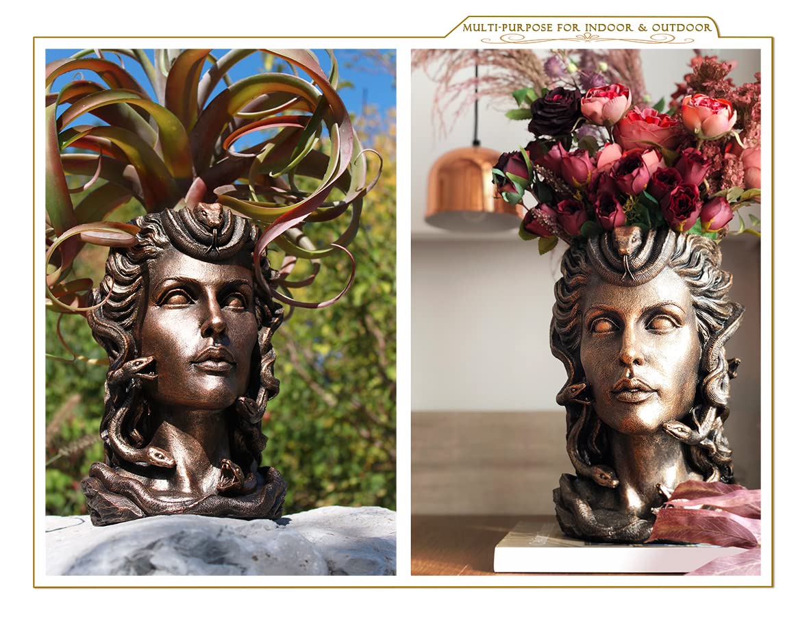 Medusa Head Pflanzgefäß, Bronze-Finish, Gesichtsvase für Innenbereich, Pflanztopf mit Ablaufloch, Blumentopf für den Außenbereich, groß