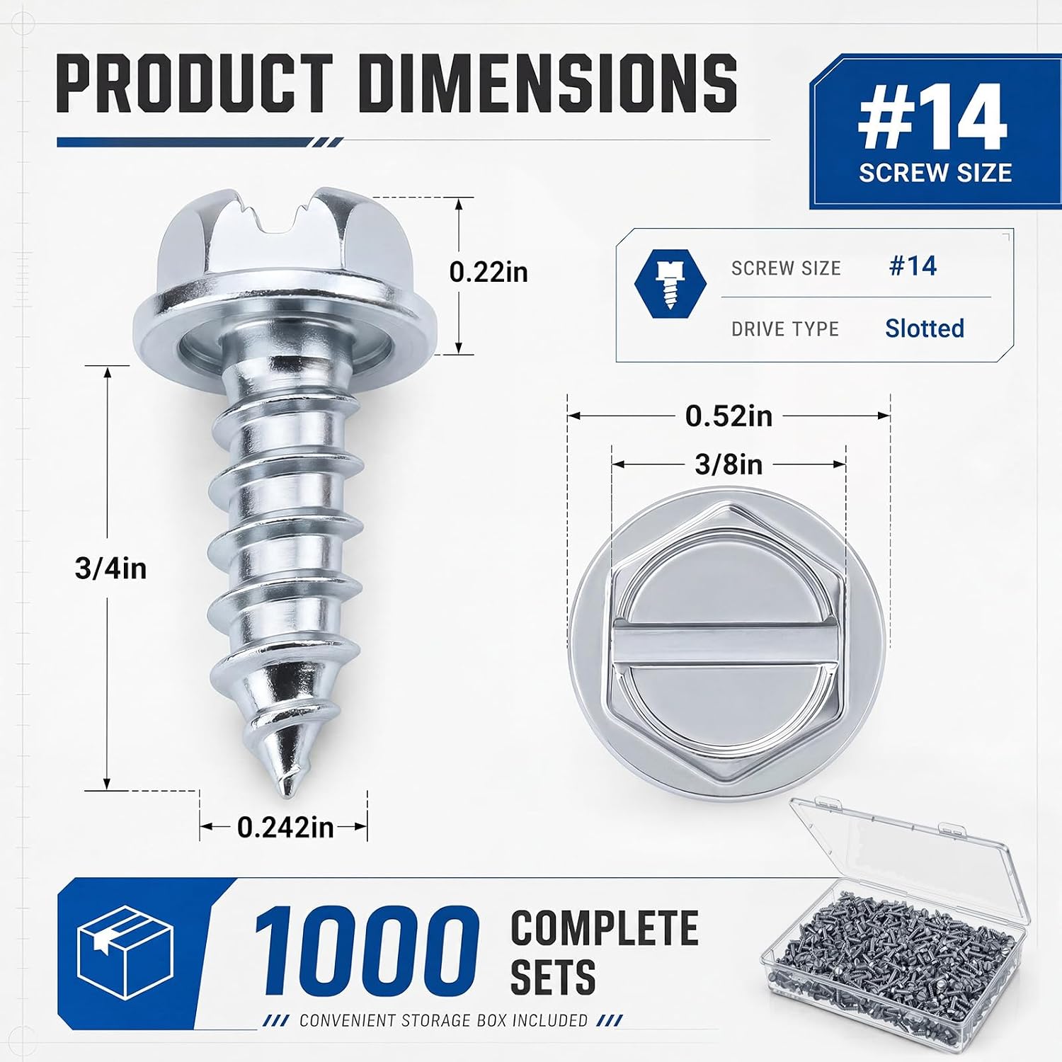 1000 Pack Zinc Plated License Plate Screws for Cars #14 x 3/4" Slotted Rust Resistant Hex Head Fasteners, Heavy Duty License Plate Bolts for Cars, Trucks, Motorcycles Front and Back