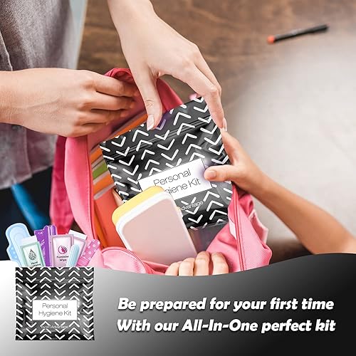 Miniatura 6 de Kit menstrual estilo Black Treads todo en uno, paquete de 100 unidades  Comodidad sobre la marcha  Paquete de kit de período para viajar o