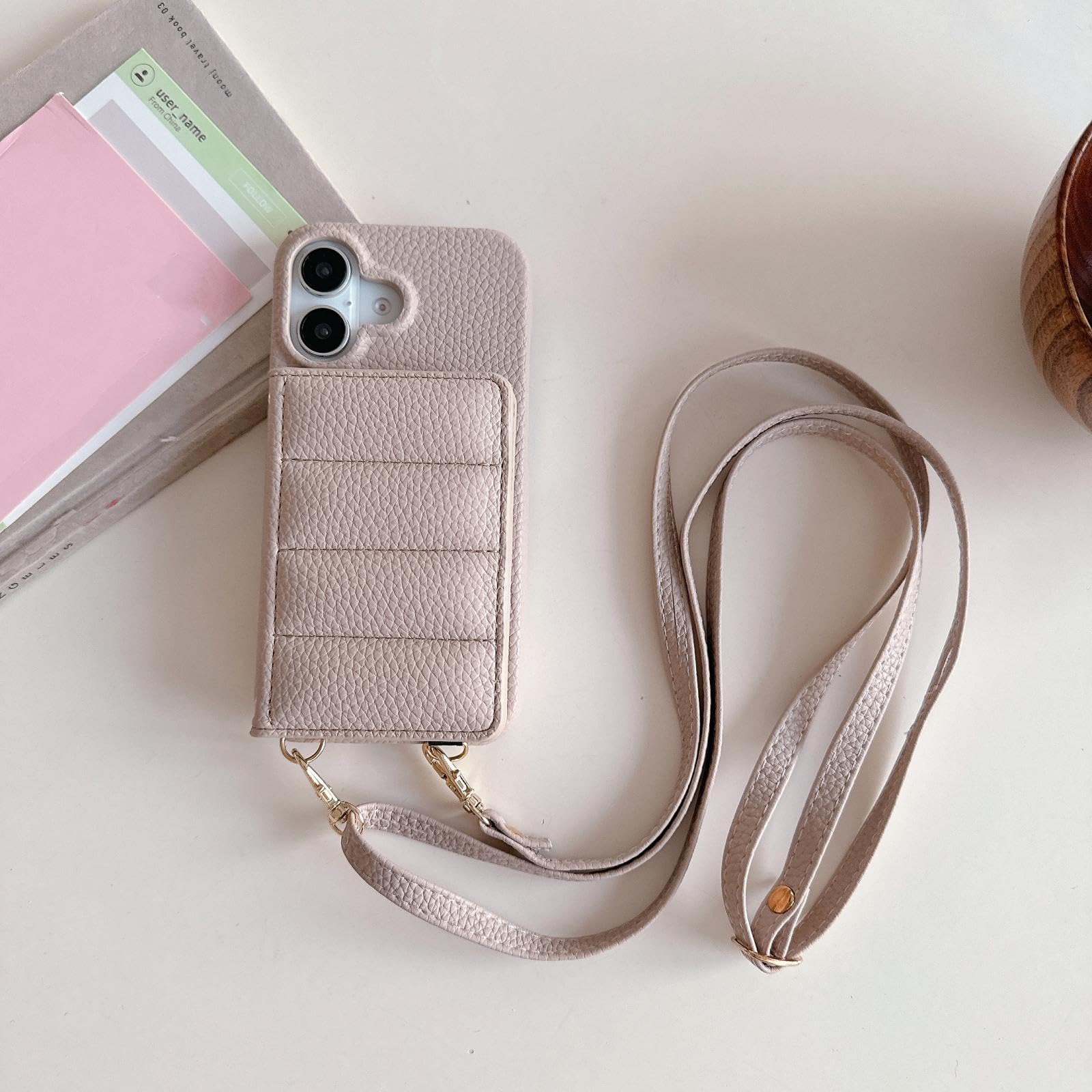 Étui Portefeuille de Luxe avec Cordon pour iPhone 15, Motif Litchi, Coque Antichoc en Cuir (pour iPhone 15/Kaki)
