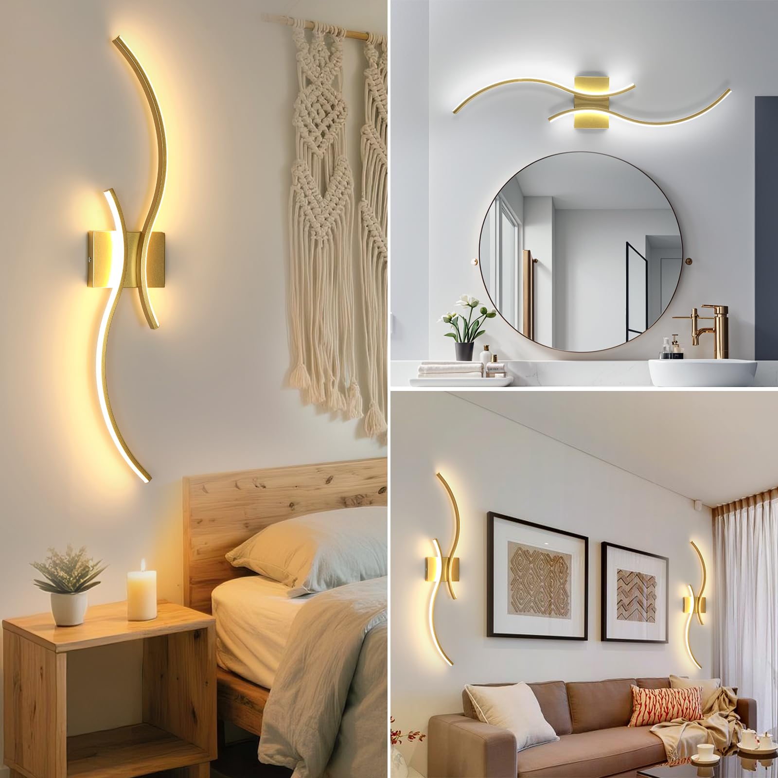 Comely Kinkiet Wewnętrzny, 32W 3600LM Regulowana Lampa Ścienna LED Z Pilotem, 80CM Złota Aluminiowa Oprawa Ścienna Do Sypialni Salonu Schodów Korytarza, 3000K-6500K