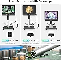 Vista 2 de Andonstar AD249S-M Microscopio digital HDMI de 3 lentes 2000x con endoscopio, grabación de video UHD 2160P LCD de 10.1 pulgadas, microscopio