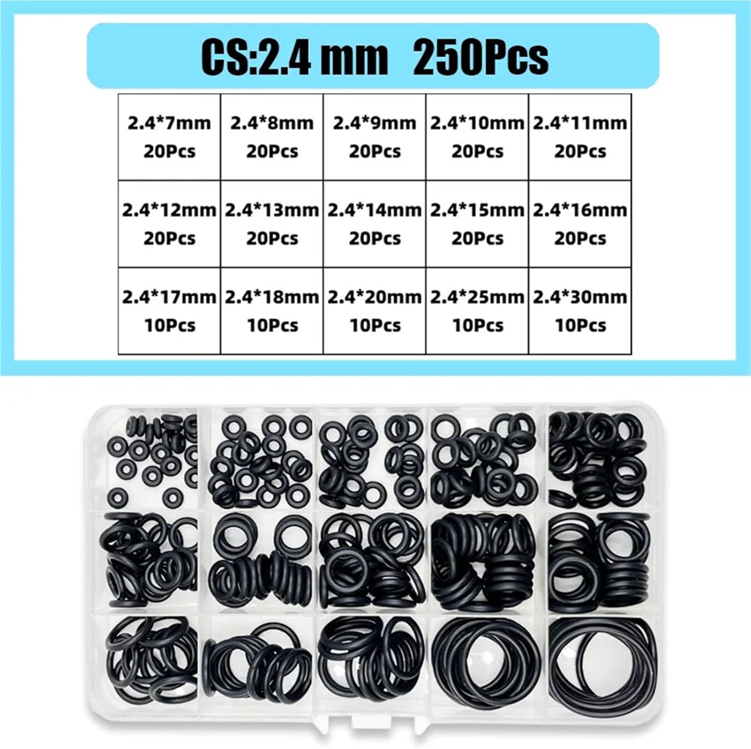 1400-100Pcs O-ring Rubber Gaskets Seal Ring Set Nitrile Rubber High Pressure Sealing Elastic Band O Rubber Rings Set(2.4mm (1set))