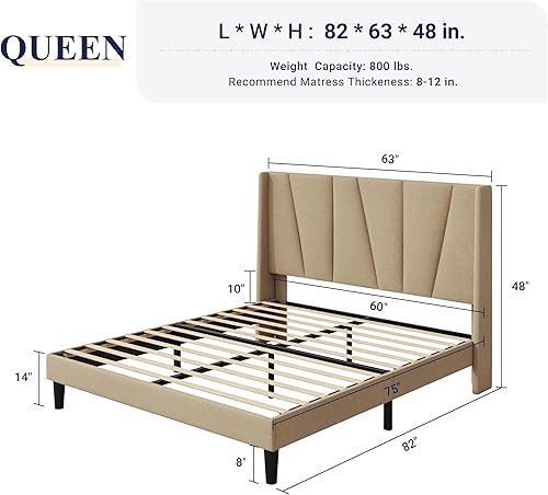 Miniatura 2 de Allewie Base de cama de plataforma tamaño Queen con cabecera geométrica con respaldo de alas, cama tapizada bohemia con soporte de listones de