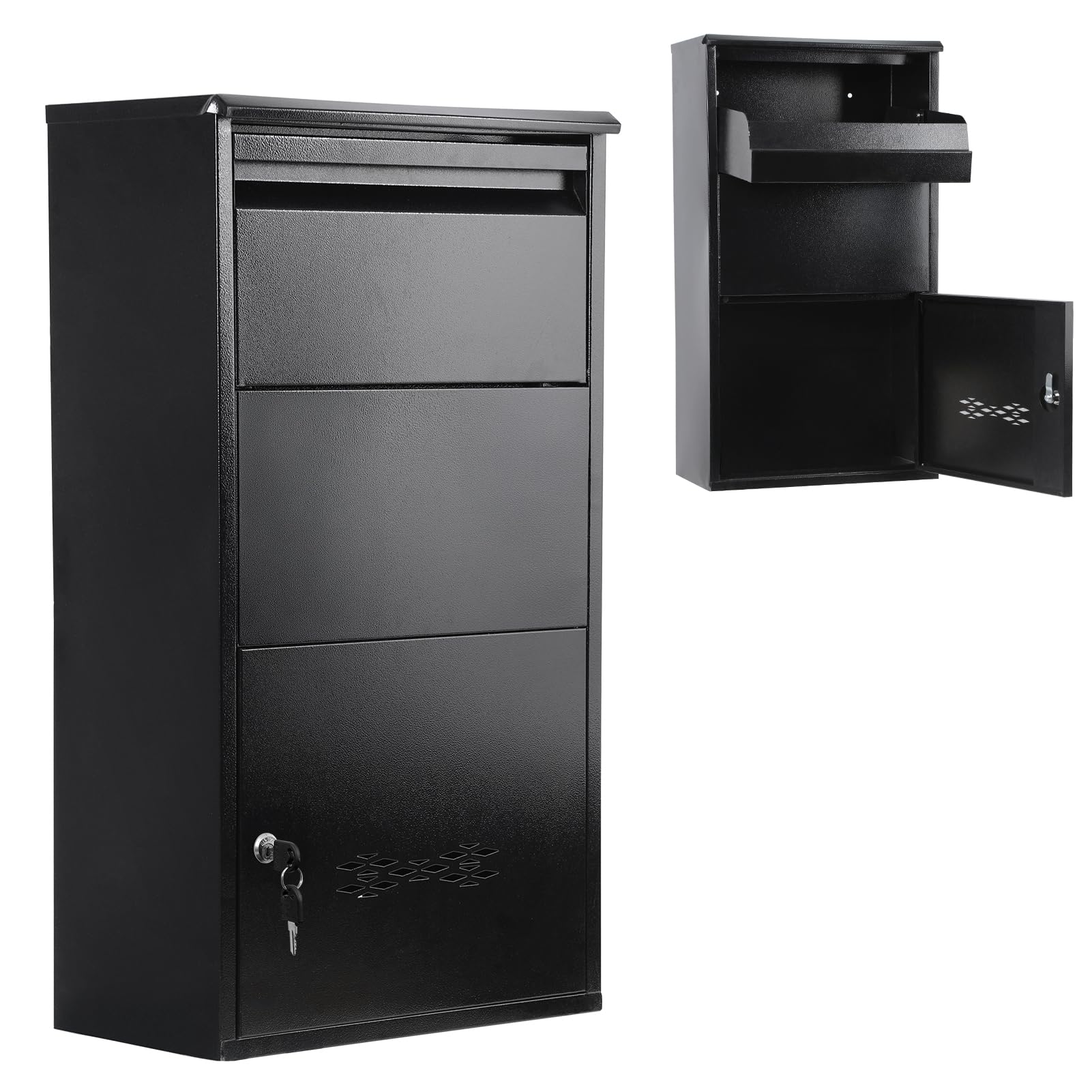 Large Lockable Parcel Box, Weatherproof Key Lock Delivery Drop Box, Outdoor Secure Storage with Front Access, Iron Construction for Multiple Packages Black 75cm 2