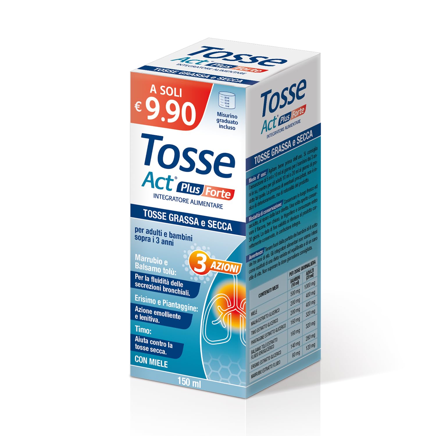 TOSSE ACT PLUS FORTE 150ML, Integratore Alimentare Liquido per Tosse Grassa e Secca, a base di Marrubio, Balsamo tolù, Erisimo, Malva, Piantaggine, Timo e Miele - Confezione da 150 ml