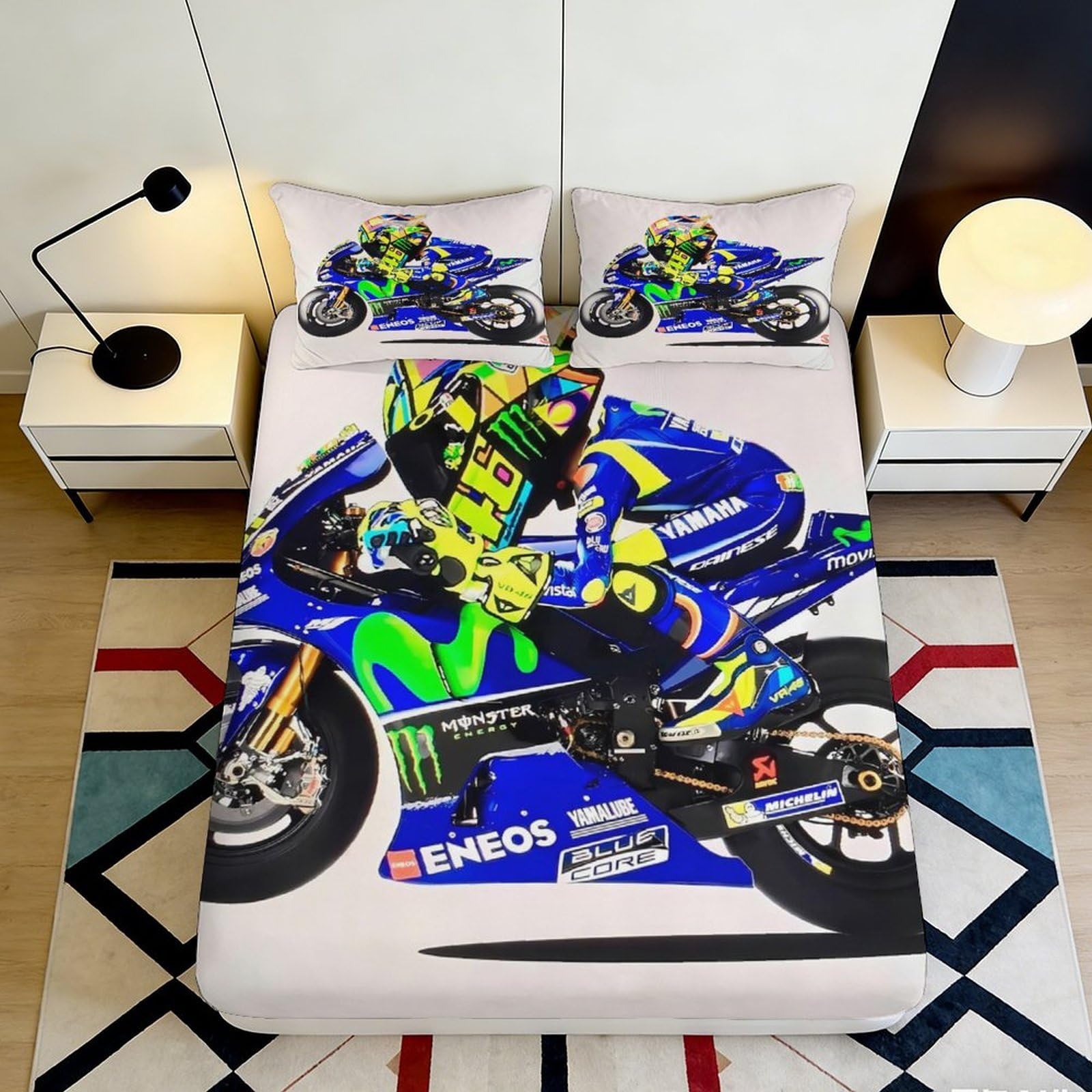 3D Printed Racing Motorcycle Fitted Sheet Microfiber Non Slip Bed Cover Vibrant Blue Bedroom Decor for Home Dorm Guest Room 90x200x25cm