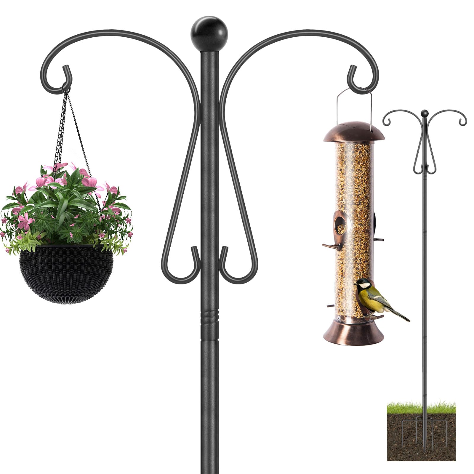 Support robuste mangeoire oiseaux en acier noir 194 cm pour décoration extérieure