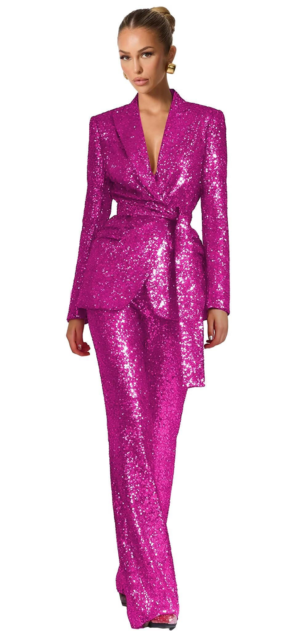 Sequin Suits for Women 2 Piece V Neck Sparkly Womens Suit with Belt Glitter Wedding Party Prom Tuxedo
