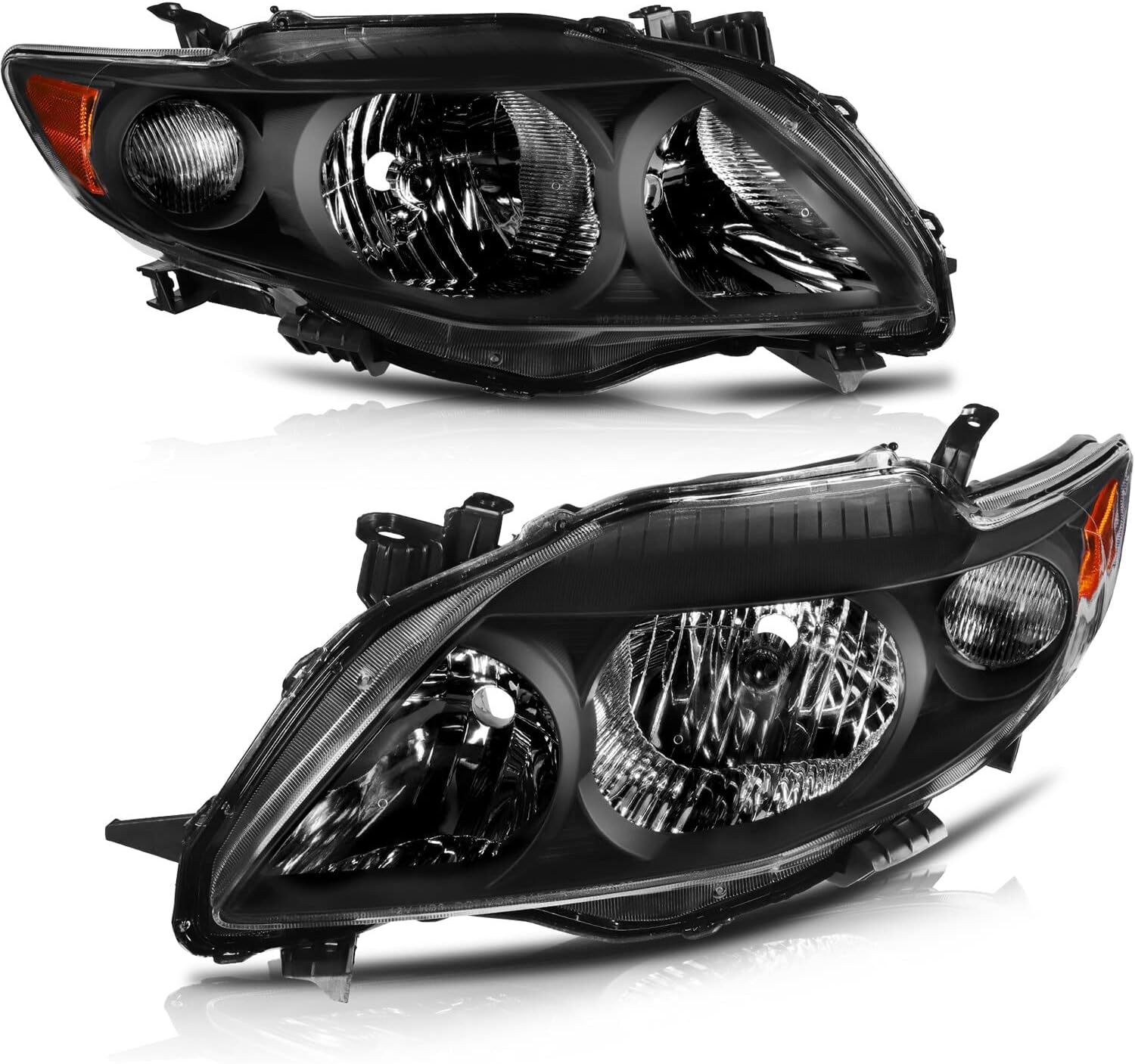 Headlight Assembly for Toyota Corolla 2009 2010 Black Housing Amber Reflector Clear Lens Driver and Passenger Side Headlamp