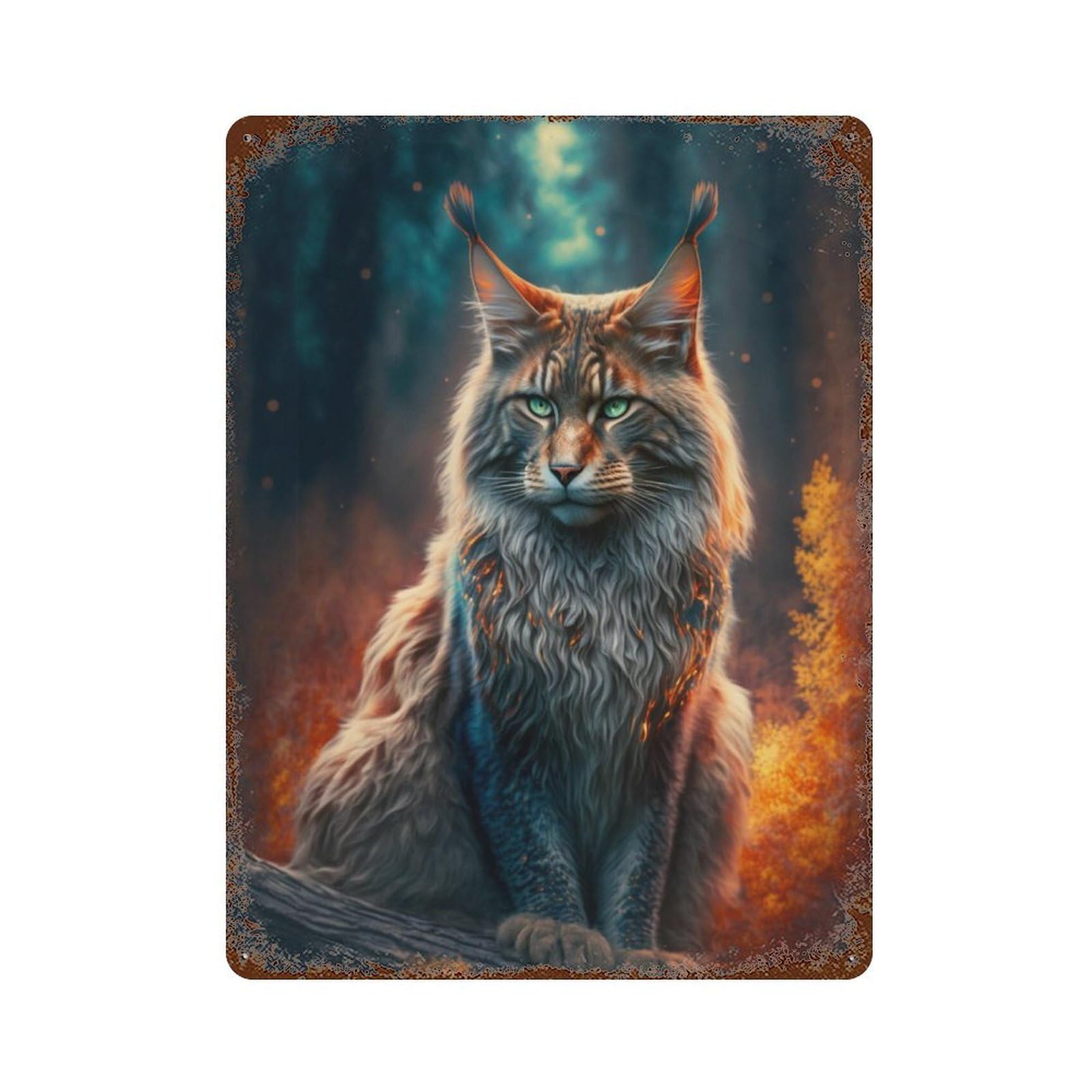 Magical Forest Cat Rusty Metal Tin Sign 15.7"x11.8", Shabby Chic Decor for Garage, Bar And Workshop Decor