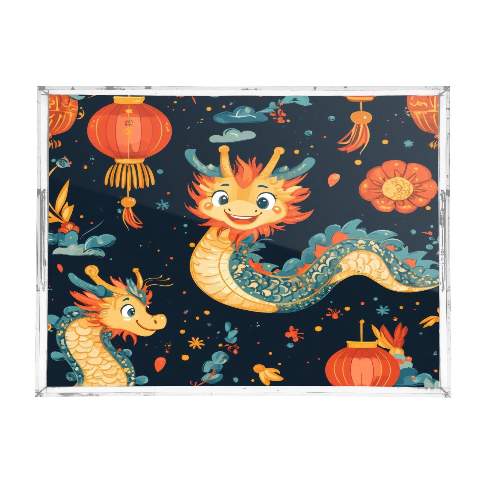 Msyxl Cute Chinese Dragon Serving Tray for Coffee Table, Decorative Acrylic Tray Cute Chinese Dragon Tray with with Handles for Breakfast, Ottoman, Countertop, 12x16 in