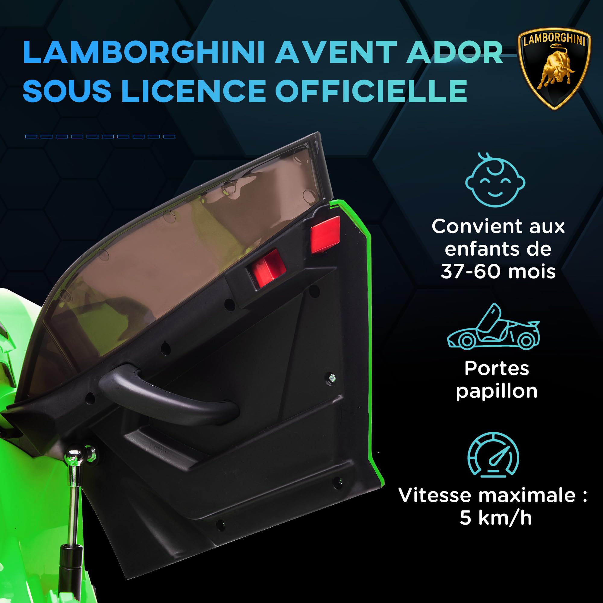 HOMCOM Voiture Électrique pour Enfants 12V, Portes Papillon, USB, Vert | Licence Lamborghini Aventador SVJ, Télécommande LED, Musique, Vitesse 3-5 Km/H