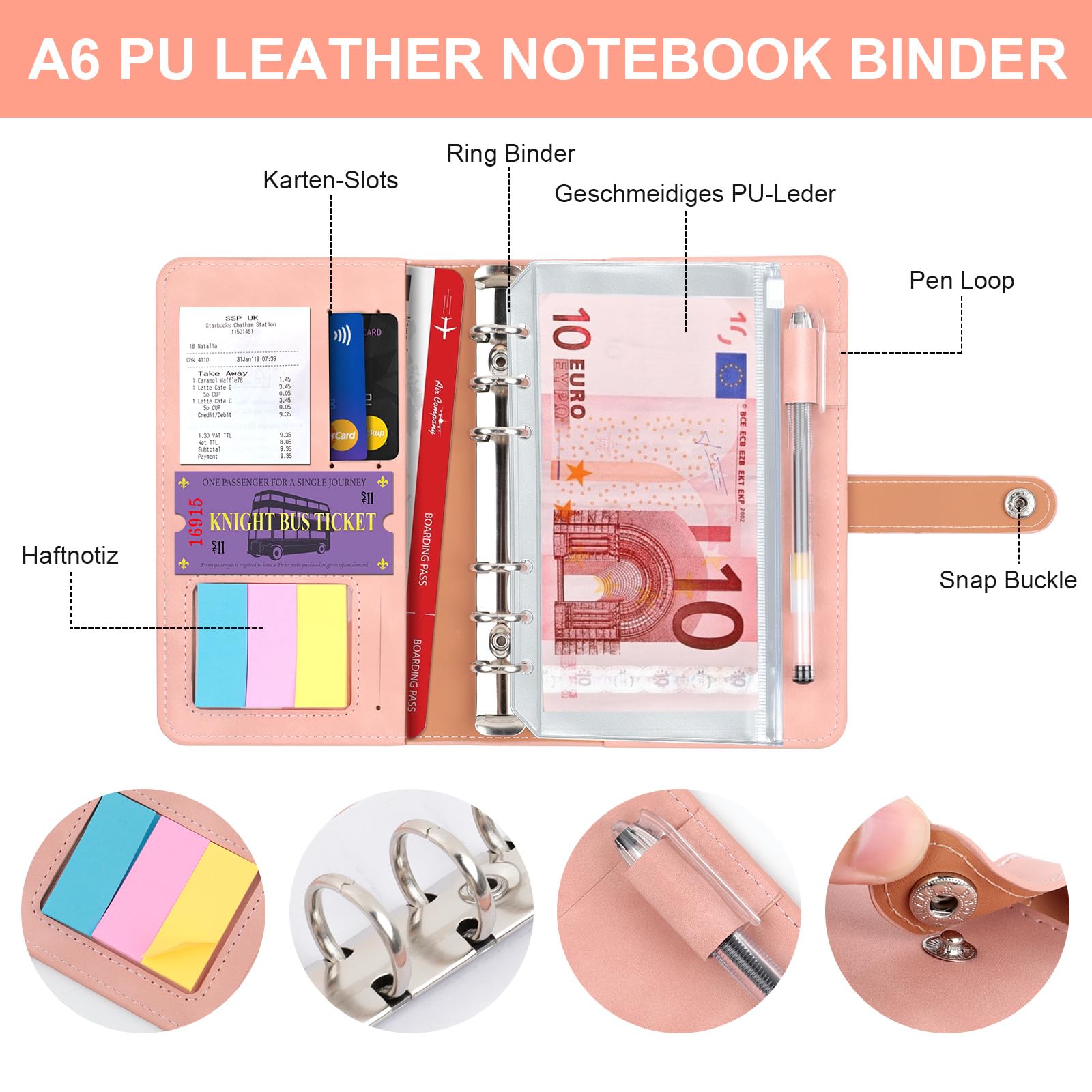 Classeur A6 en PU Cuir Budget Planner avec 10 PVC Enveloppe Budget, 12 Feuilles Budget, 3 Autocollants