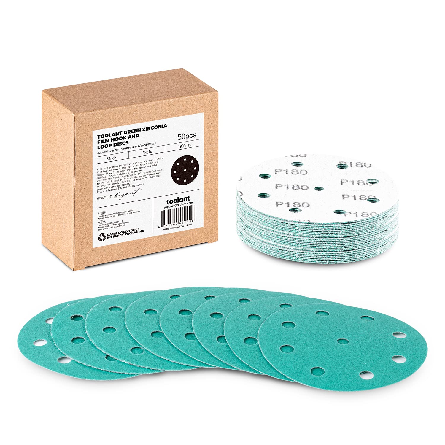 5 Inch 9 Hole 180 Grit Sanding Disc, Hook and Loop Film Backing Sanding Discs Compatible with Festool Sanders by toolant - 50 Pack