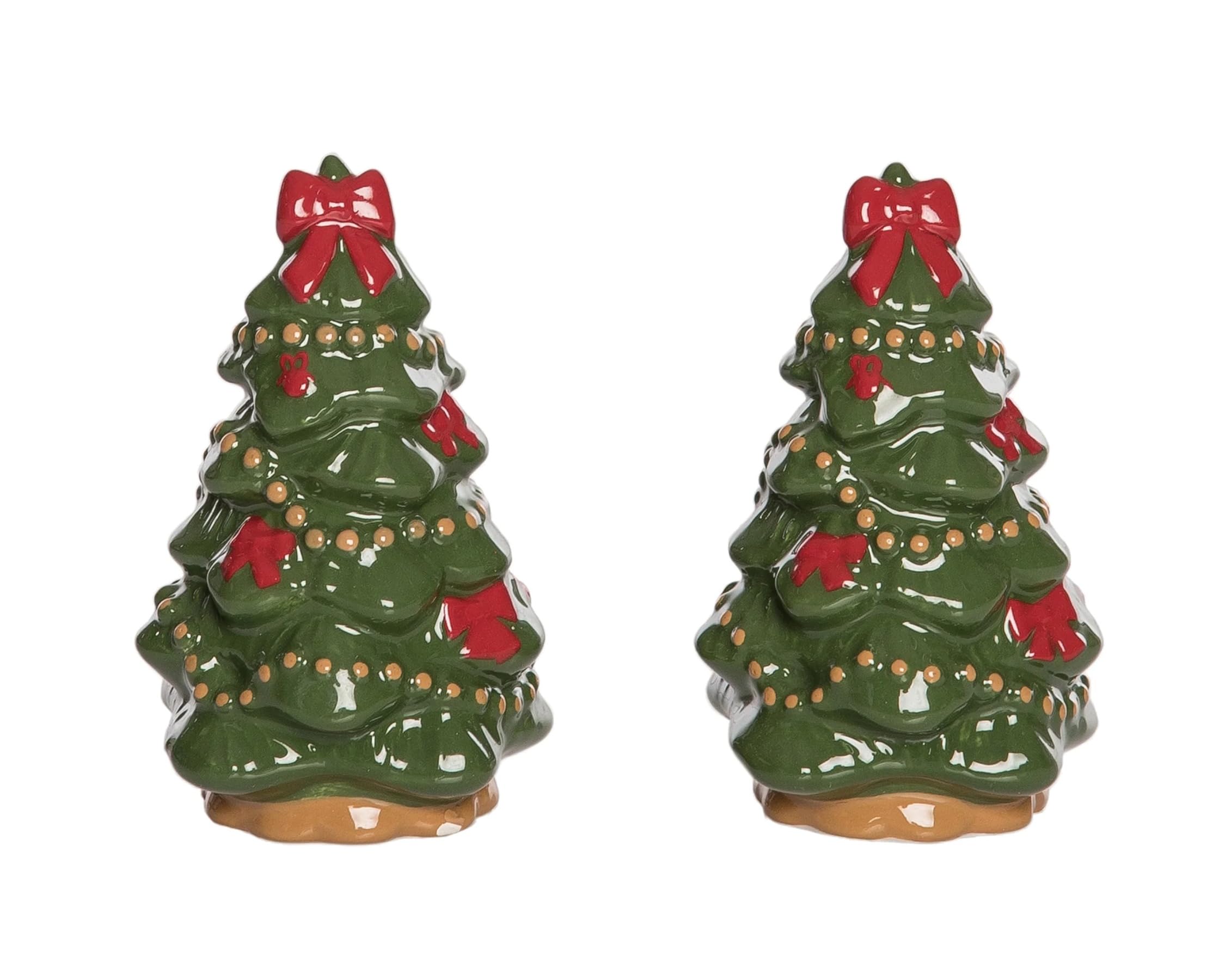 The Bridge Collection Ceramic Bow Tree Salt and Pepper Shakers - 4.25" Christmas Tree Salt Shaker Set - Holiday Kitchen Decor