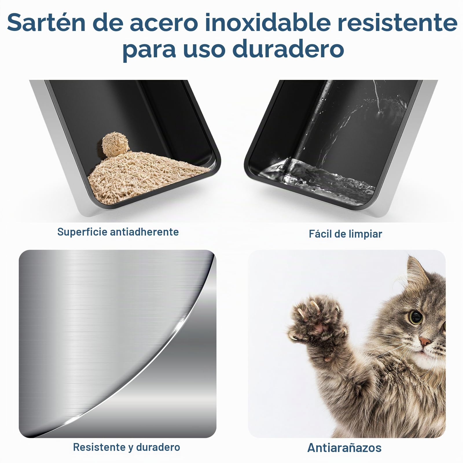 Suzzipaws Caja de Arena de Acero Inoxidable con Revestimiento Antiadherente y Tapa, Extragrande para Gatos Grandes, Bandeja Sanitaria metálica XL con Paredes Altas, antifugas, fácil Limpieza