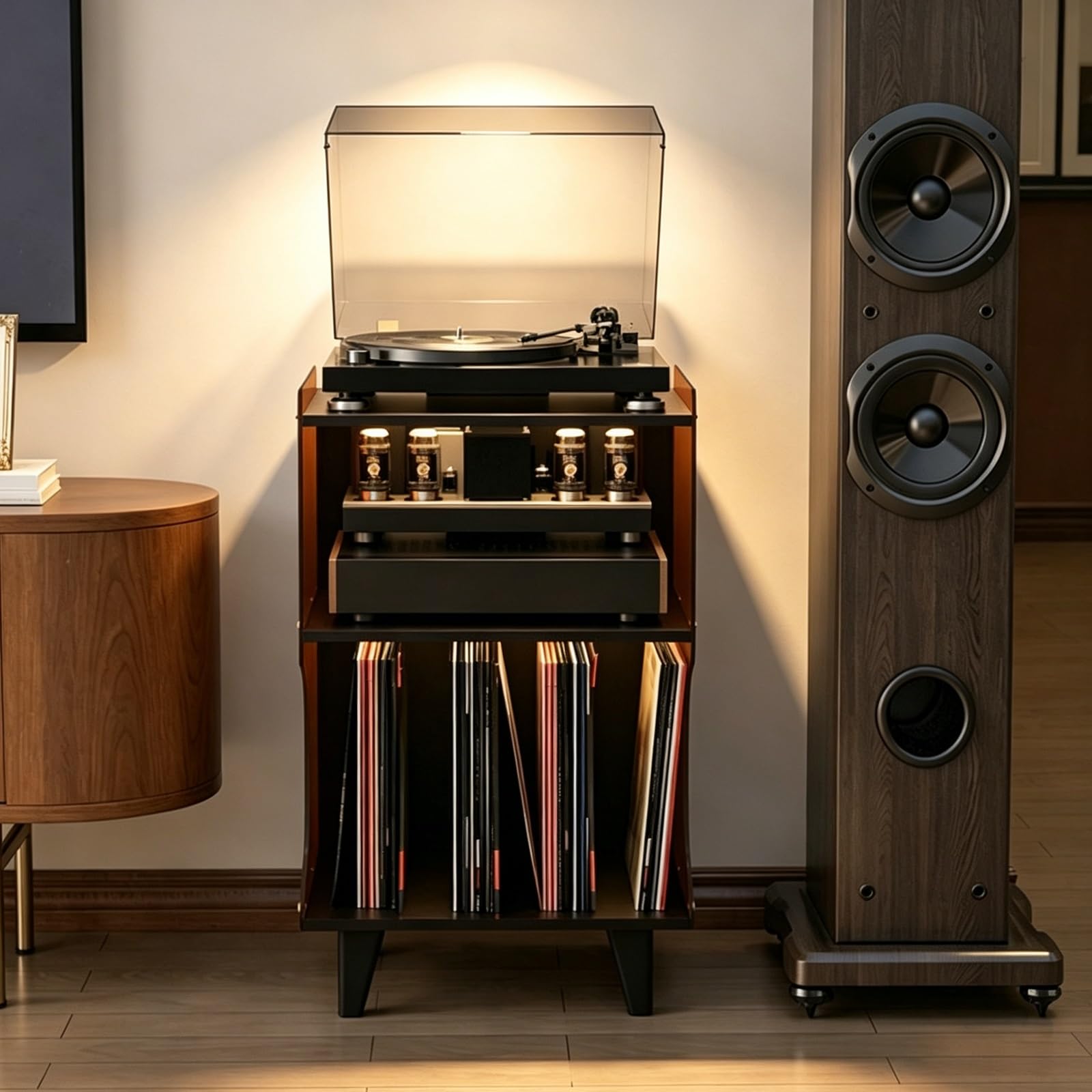 Mobile Vinili in Legno 3 Livelli, Supporto Giradischi, Scaffale Audio. | Mobile Giradischi con Porta CD Album, Scaffale Espositivo Soggiorno Camera.(Black1)