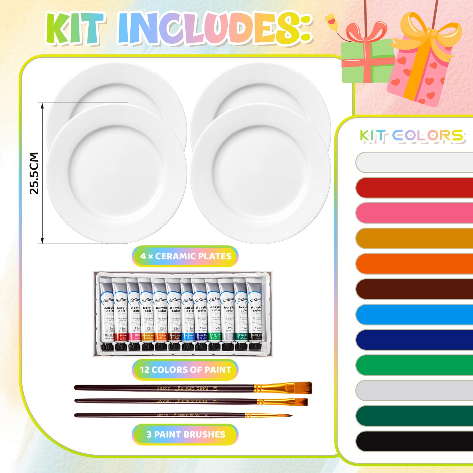 Sinmoe Kit para Pintar Tus Propios Platos de Cerámica Incluye 4 Platos de Porcelana 3 Pinceles 12 Pinturas Acrílicas 1 Caja de Regalo 1 Paleta para Pintar DIY(10 Pulgadas,Eco-chic,4 Piezas)