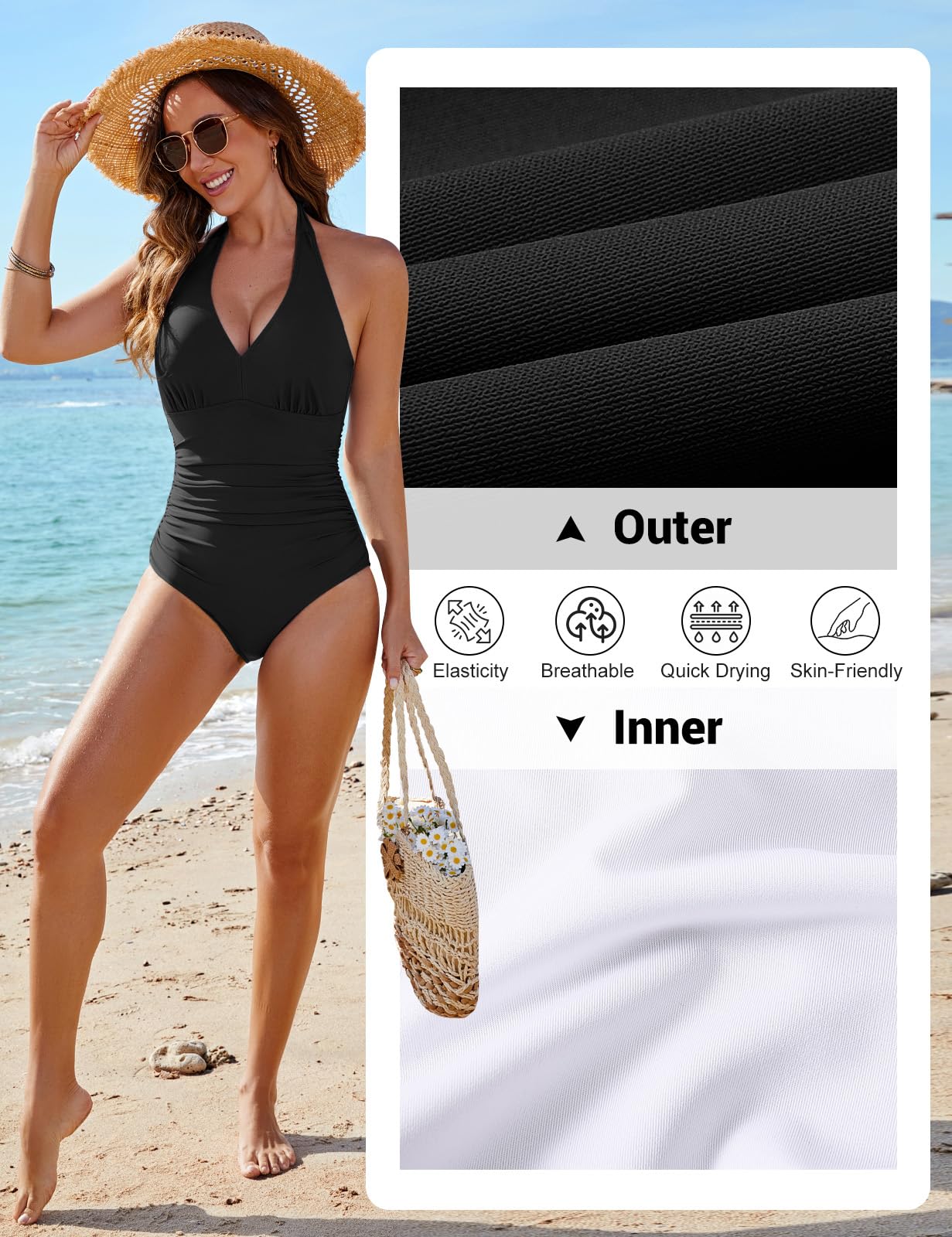 CMTOP Costume Intero Donna Contenitivo Scollo a V Costume da Bagno Push Up Imbottito Reggiseno Costumi Interi Curvy, Controllo della Pancia Vita Alta Costumi Mare Elegante Swimsuit