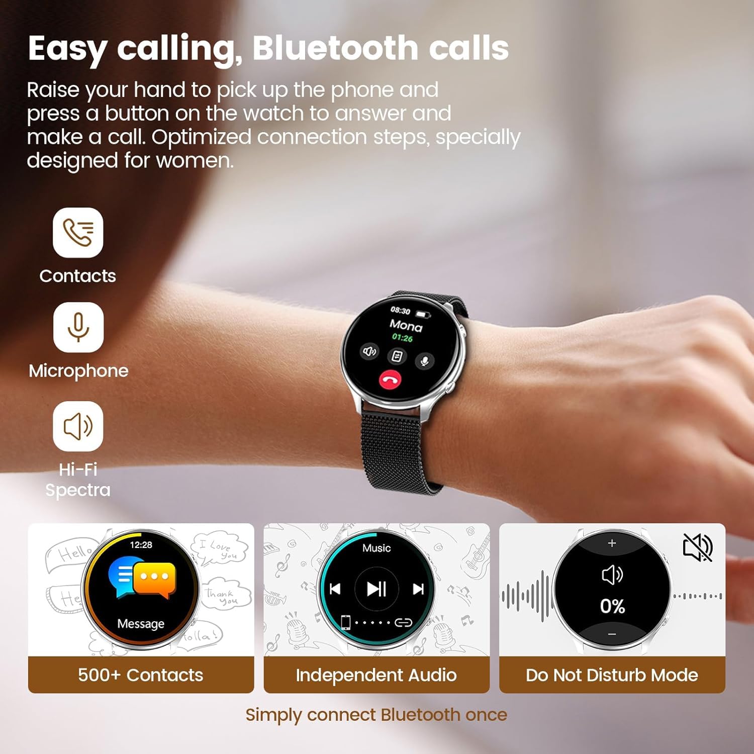 elfofle Smartwatch voor dames en heren, met telefoonfunctie, 1,83 inch HD touchscreen, IP67 waterdicht, SpO2 fitnesstracker/menstruatiecyclus, hartslag, slaapmonitor voor iOS en Android, zwart/goud