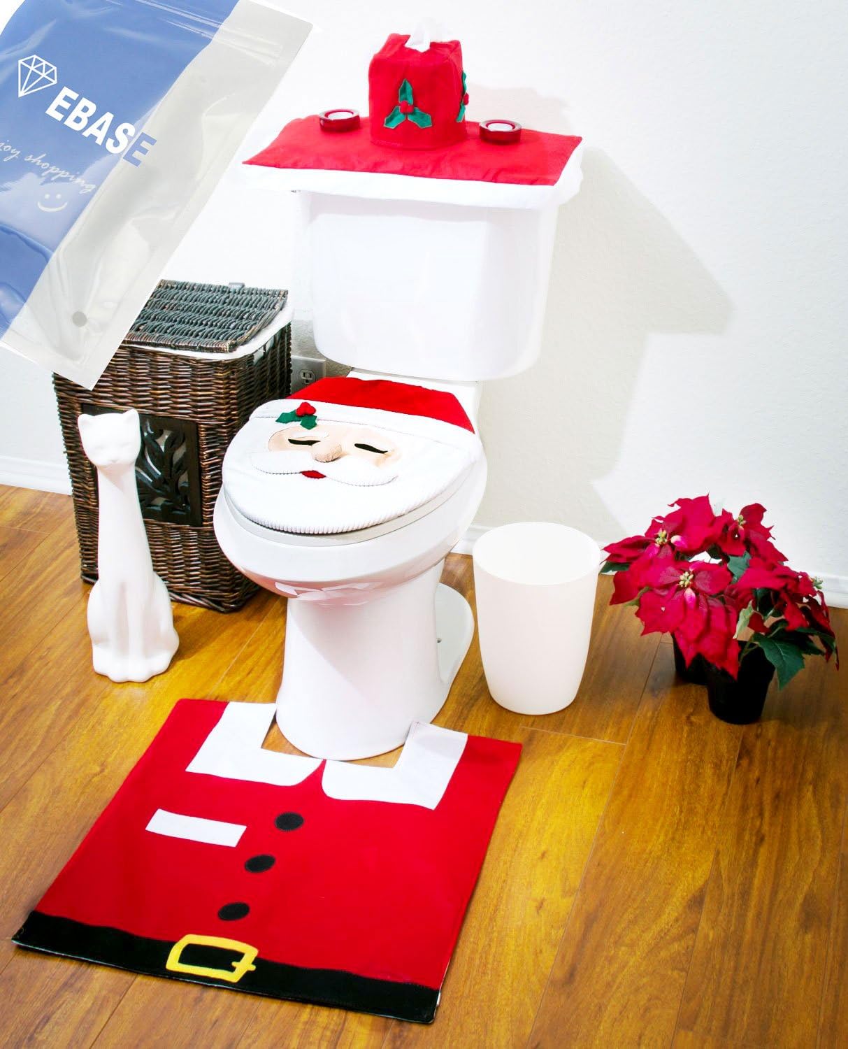 EBASE Santa Toilet Seat Cover & Rug & Tissue Box Cover Bathroom Set for Christmas Decoration