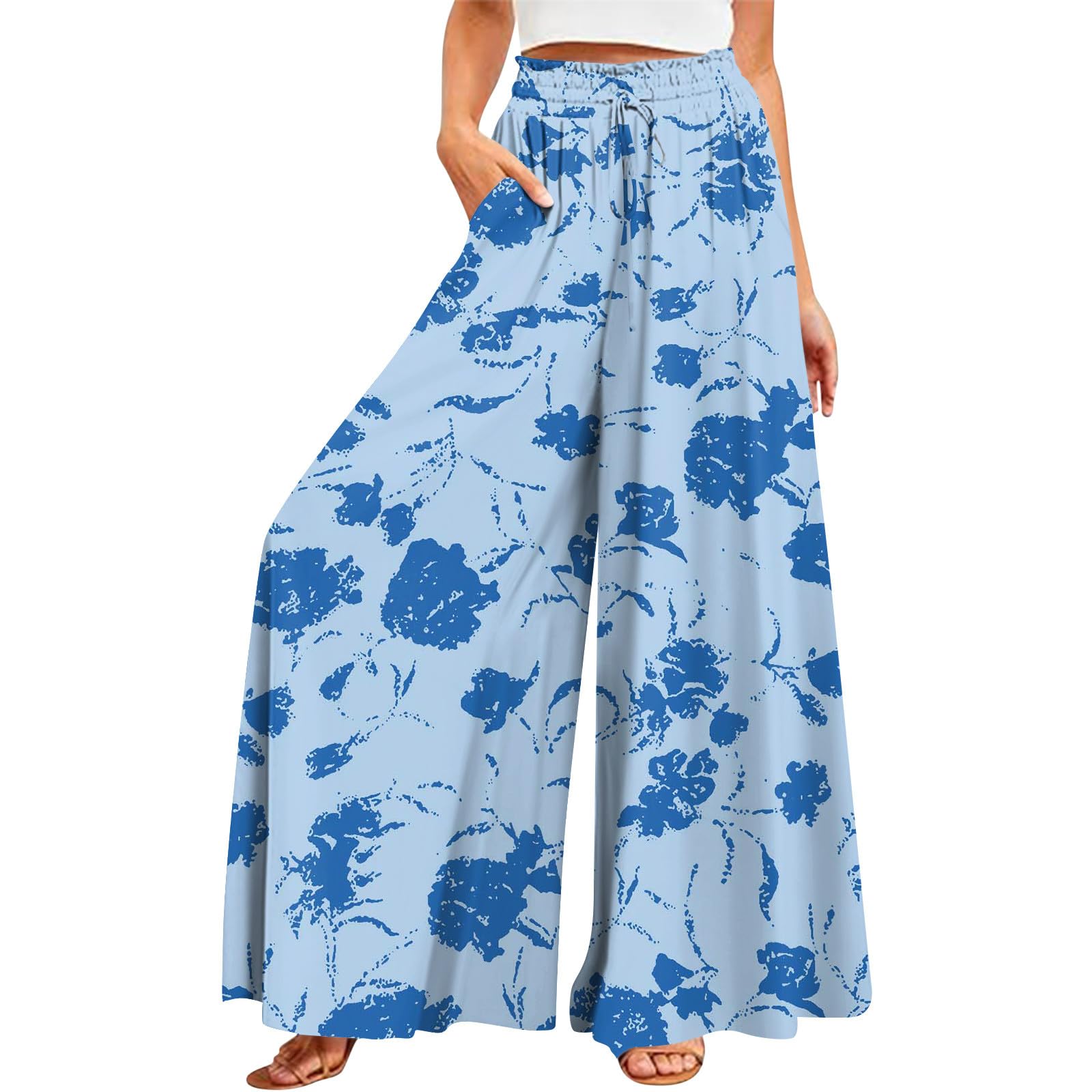 FlekmanArt Womens 2025 Summer Wide Leg Palazzo Pants High Waisted Flowy Pockets Trendy Casual Lounge Boho Beach Trouser