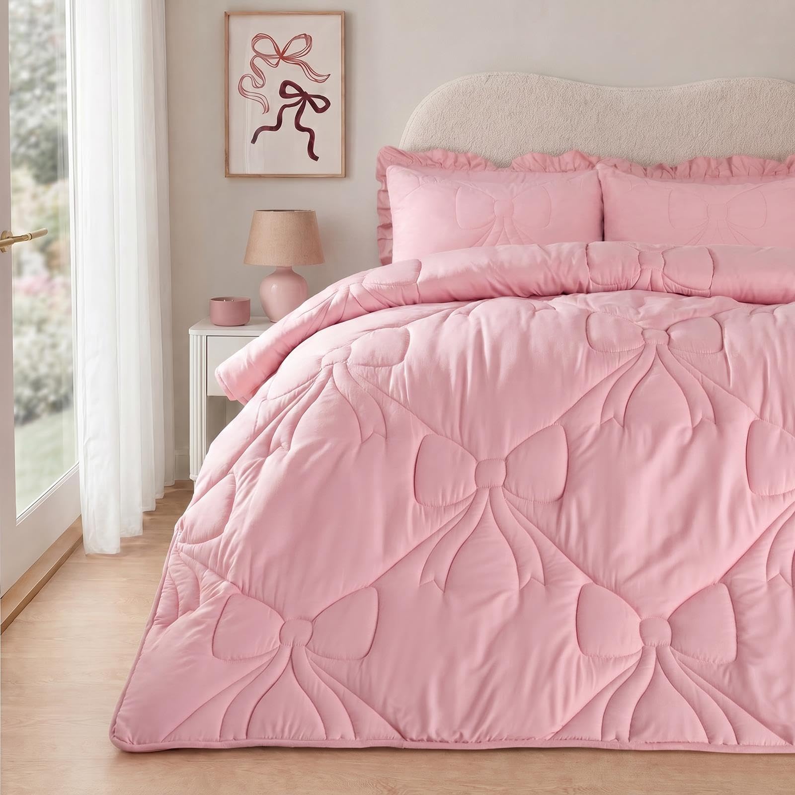 OHS Coverless Duvet Single 7.5 Tog, Gifts for Women Bow Bedding Soft Warm Microfibre Lattice Bow Quilted Coverless Duvet Summer Camping Quilt Comfy Washable Pink Bedding with Pillowcase