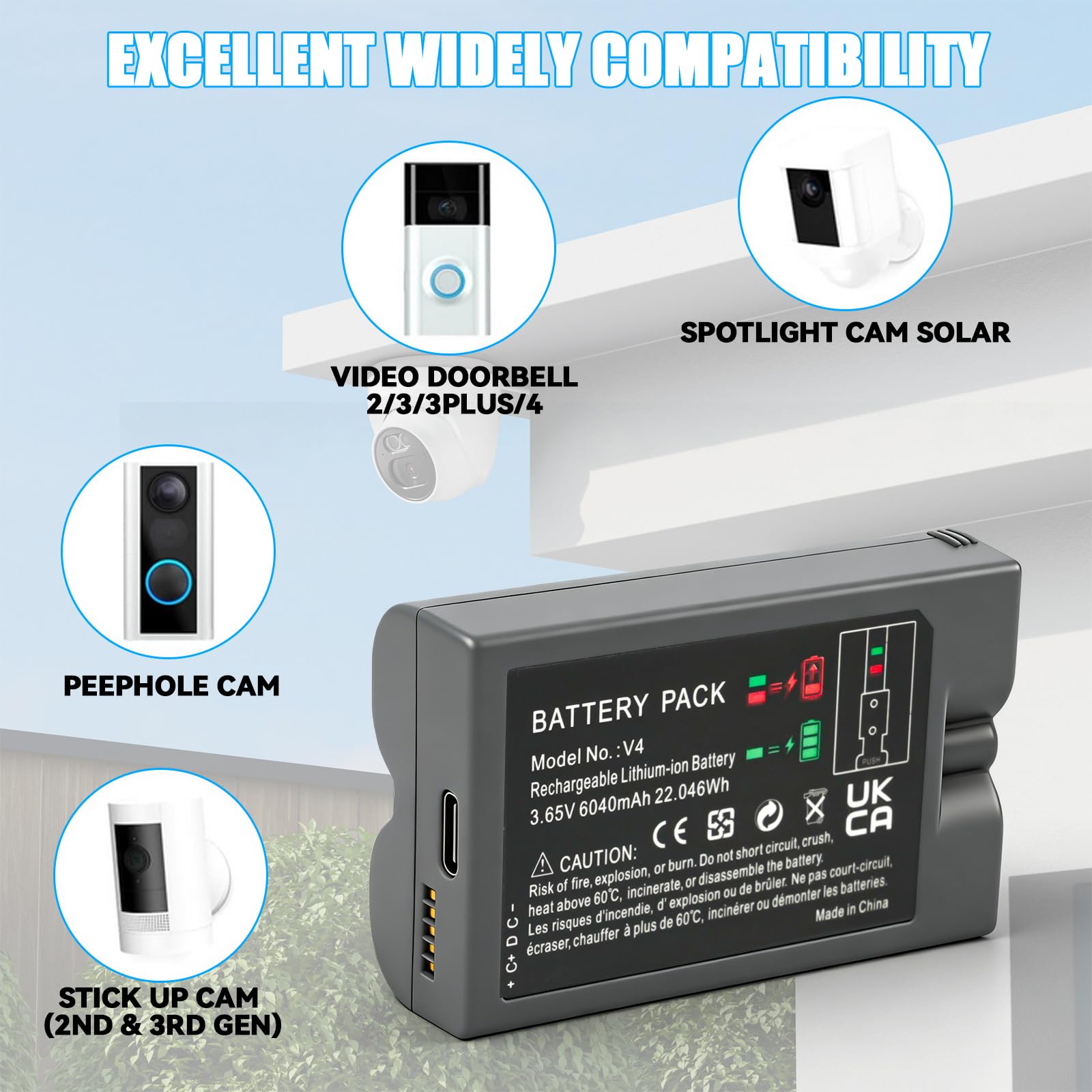 2-Zellen-Akkupack für Ring V4 Türklingel mit Typ-C-Ladeanschluss (3,65 V, 6040 mAh), kompatibel mit Video-Türklingeln 2/3/3+/4, Spotlight-Kameras und Vertikalkameras (zweite/dritte Generation).