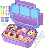 QQKO Purple Bento Lunch Box for Kids & Adults - 40oz 4-Compartment Leakproof with Sauce Cup, Utensils, Food Picks, Muffin Cups