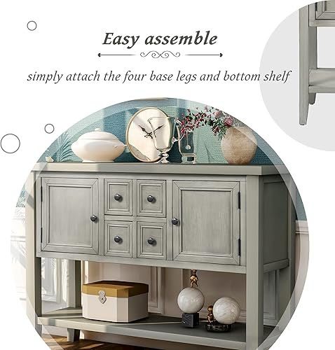 Miniatura 8 de Merax (Mesa de madera moderna gris antiguo con estante de almacenamiento, 2 cajones y 2 gabinetes de barra de café buffet para sala de estar,