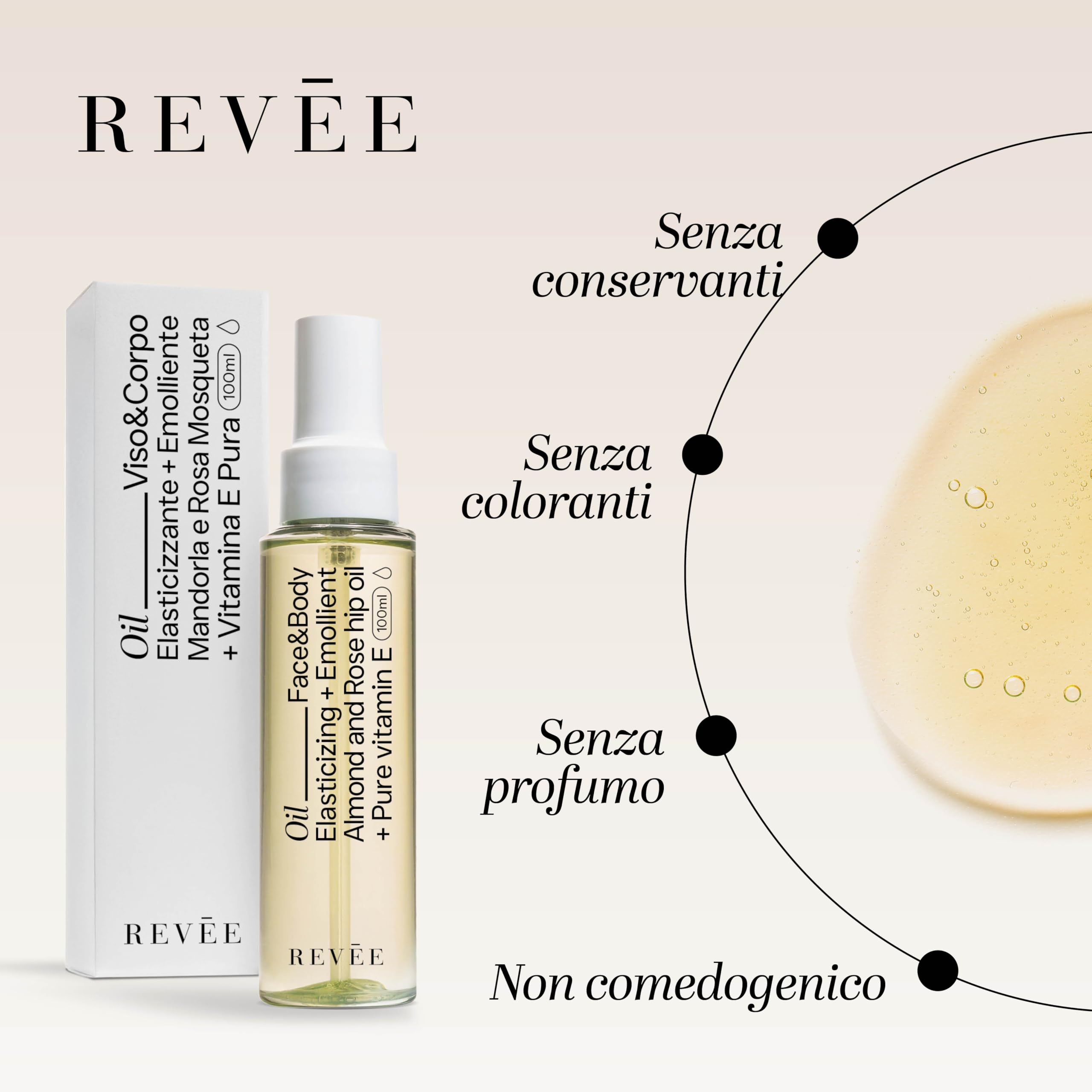 REVÉE OIL, Olio Secco Corpo e Viso - Mandorle, Rosa Mosqueta e Vitamina E – Elasticizzante, Lenitivo – Ideale per Pelle Secca, Cicatrici, Smagliature – 100 ml