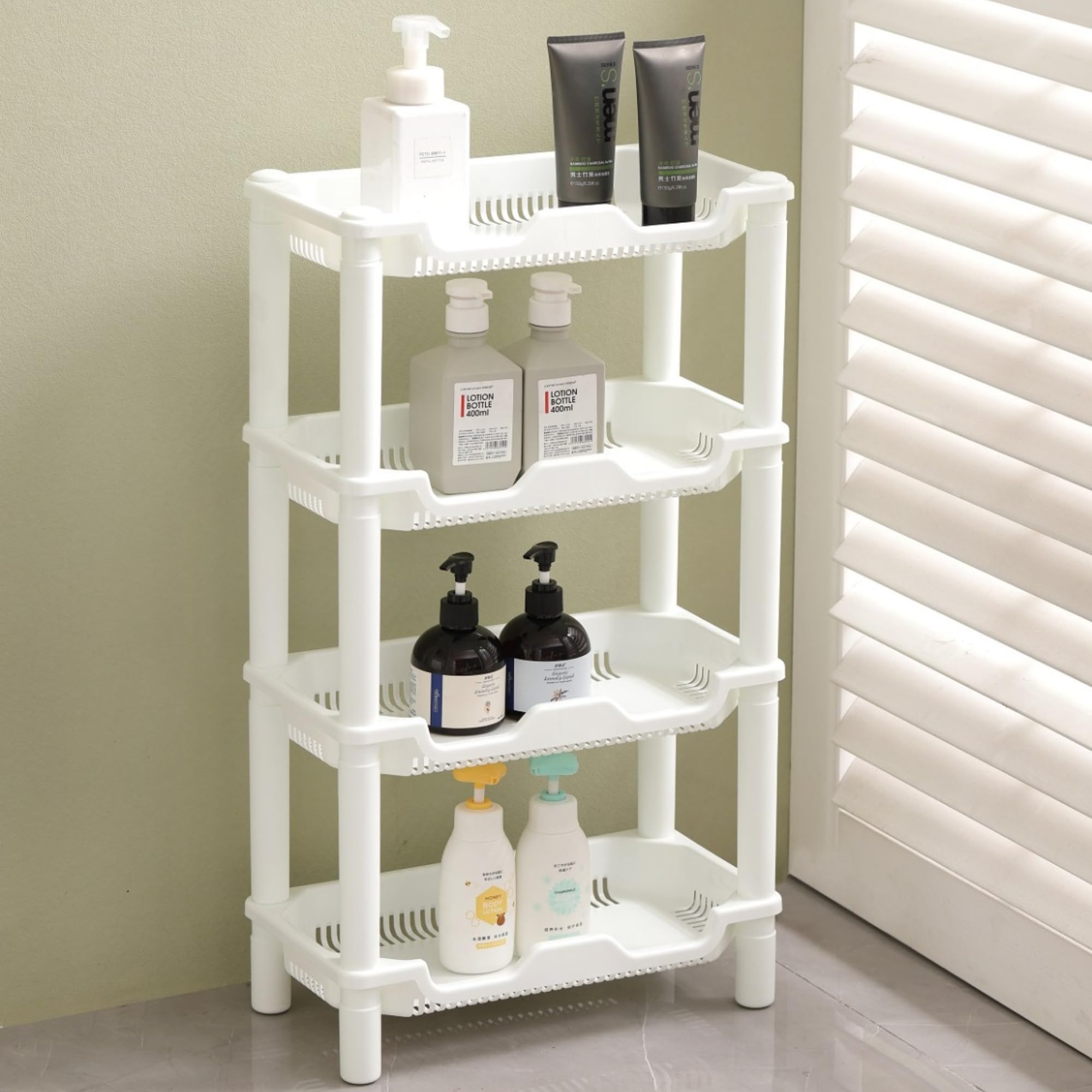 Estante organizador de ducha de 4 niveles, 40 x 20 x 69,5 cm, estante de ducha de plástico inoxidable para unidad de almacenamiento de baño (blanco rectangular)